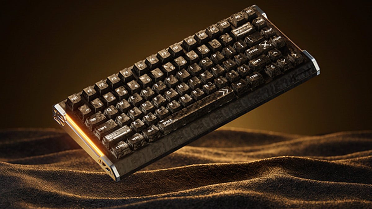ATTACK SHARK R86 HE 81-key 80% magnetic gaming keyboard with glowing amber side RGB strip, forged carbon fiber top case, floating on golden desert dunes