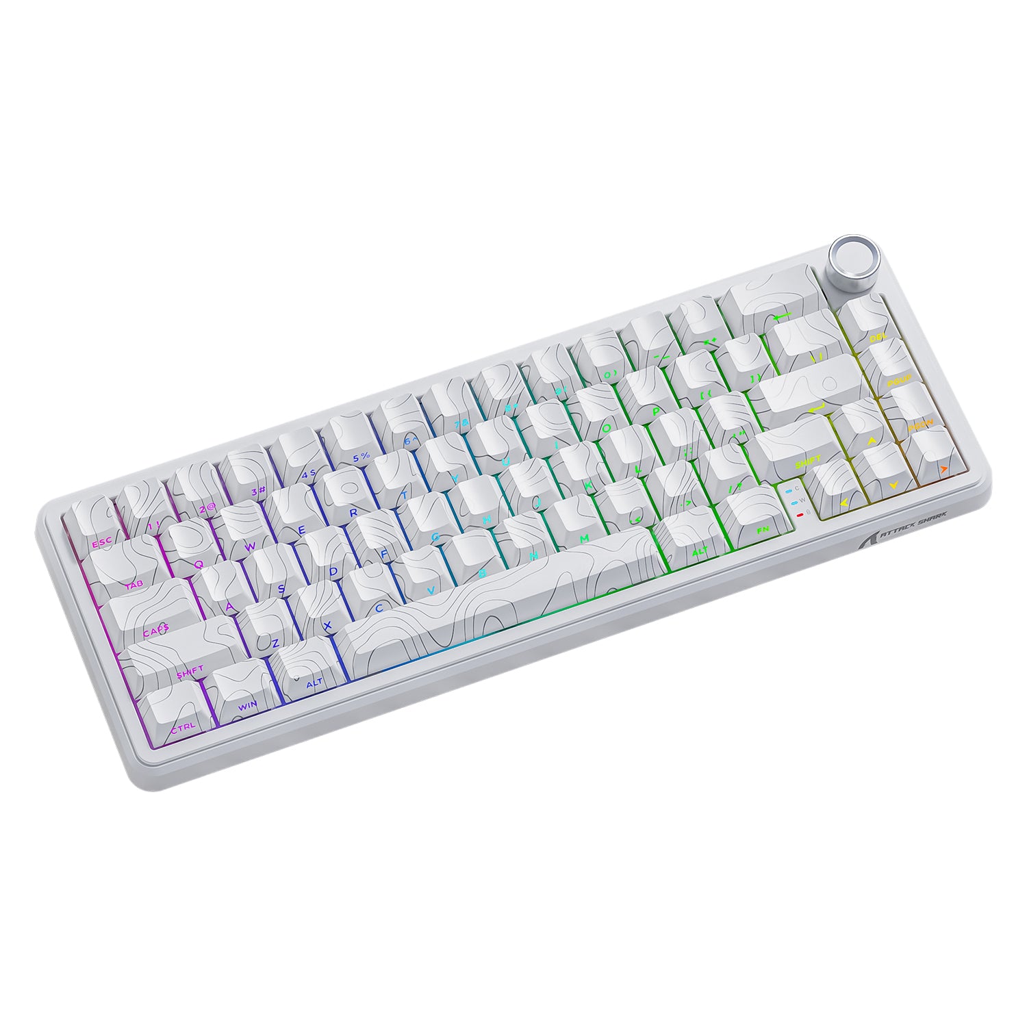 ATTACK SHARK X65PRO HE white gaming keyboard with topographic keycaps, RGB lighting and volume wheel