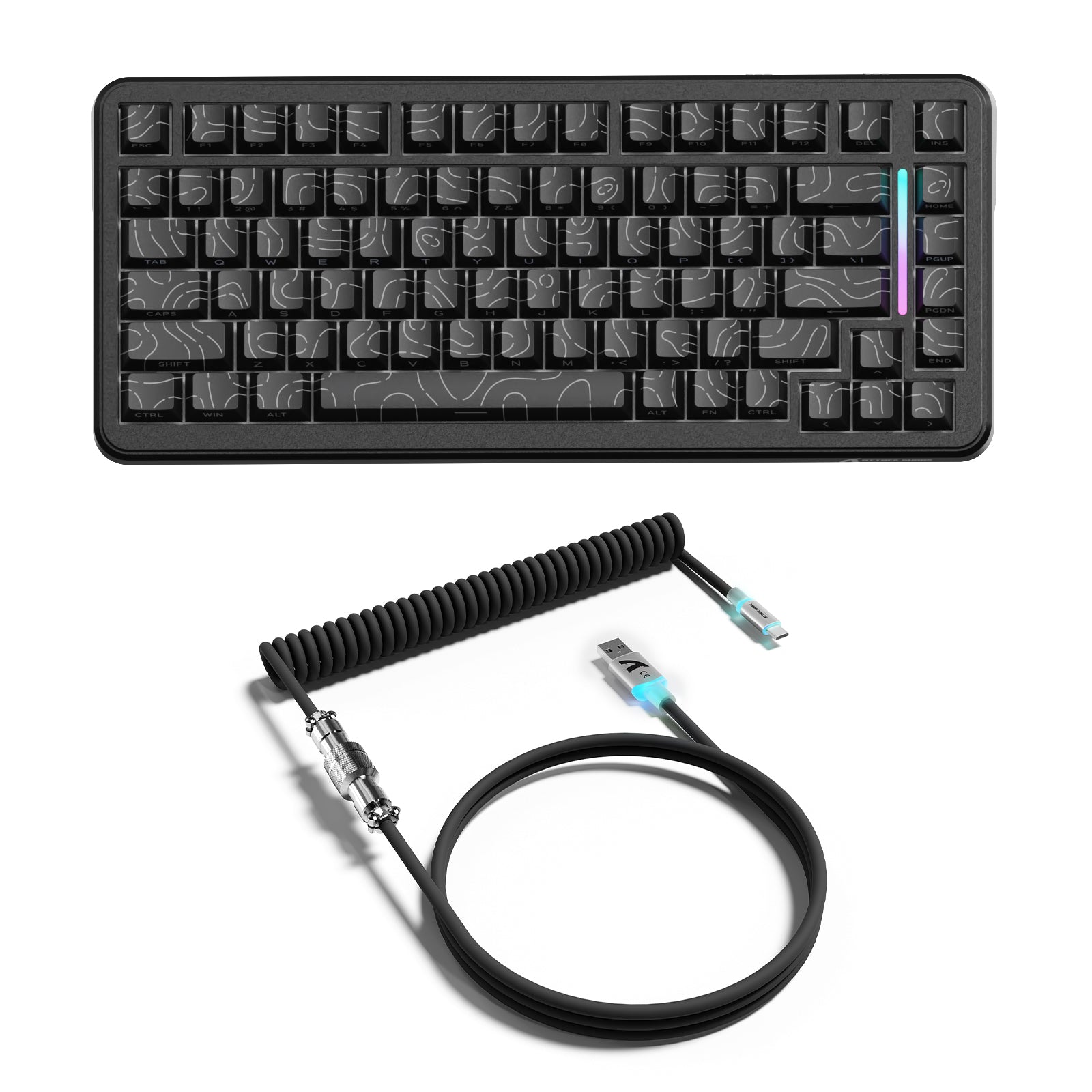 ATTACK SHARK X82PRO HE keyboard, black contour keycaps, RGB and coiled cable.