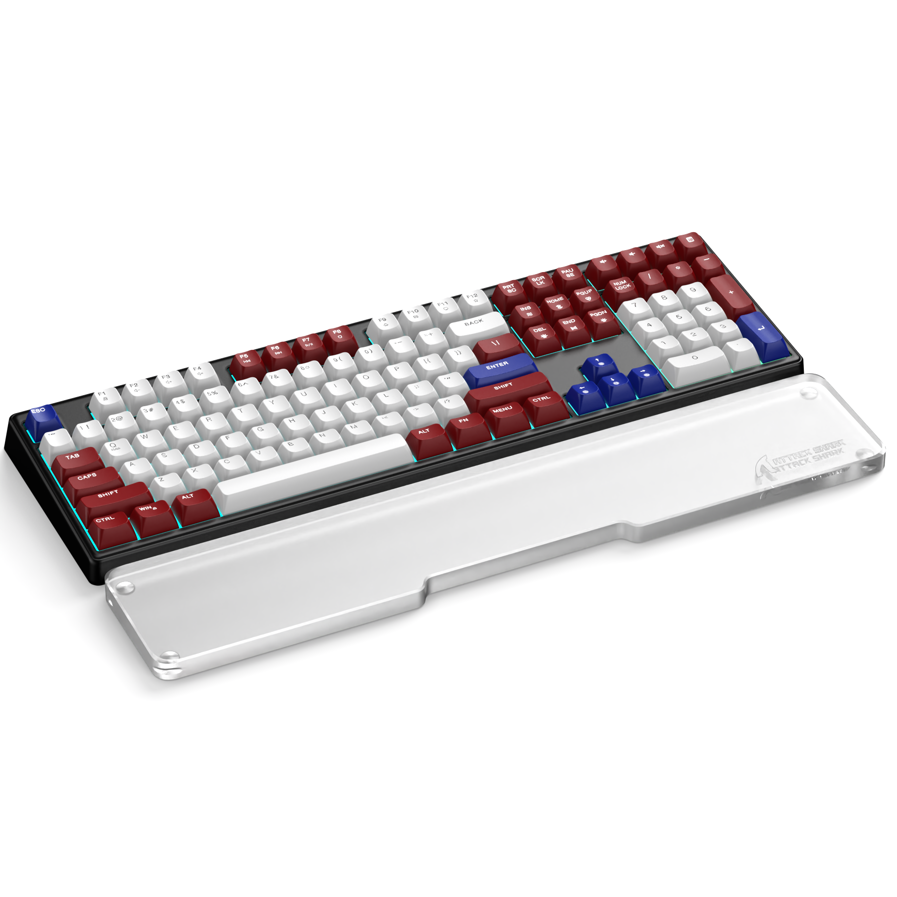 Red and white mechanical keyboard with transparent ergonomic wrist rest for comfort.