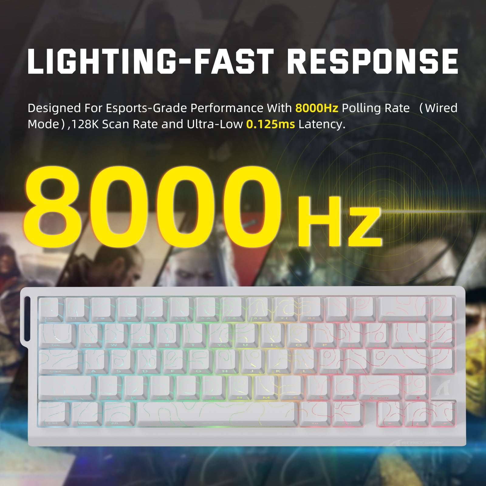 ATTACK SHARK X68PRO HE Gaming Keyboard with 8000Hz Polling Rate, White, RGB backlit.