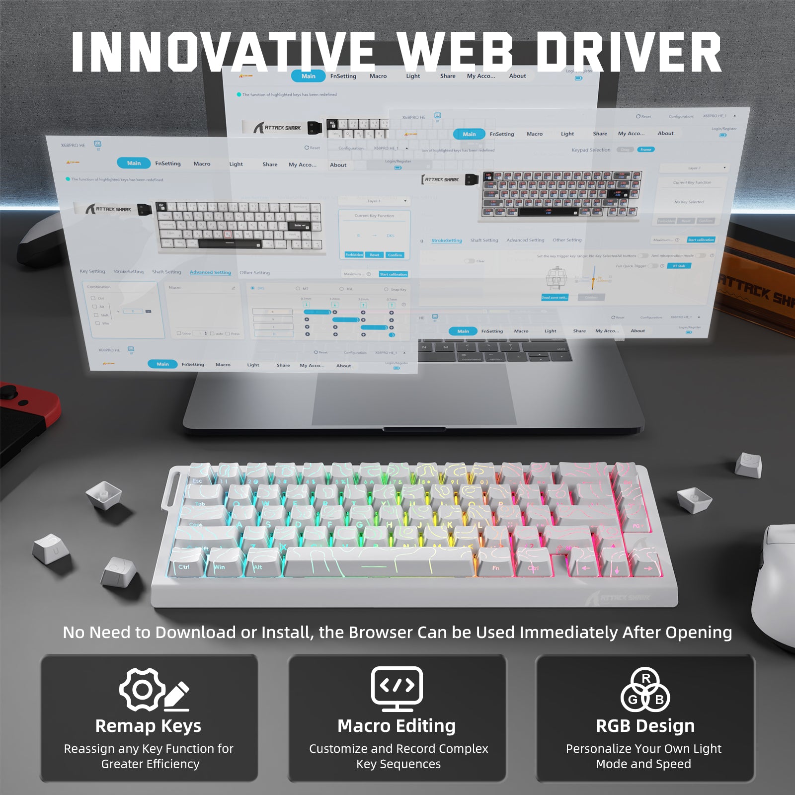ATTACK SHARK X68PRO HE keyboard, web driver interface, RGB backlit, with remap and macro features. No download needed.