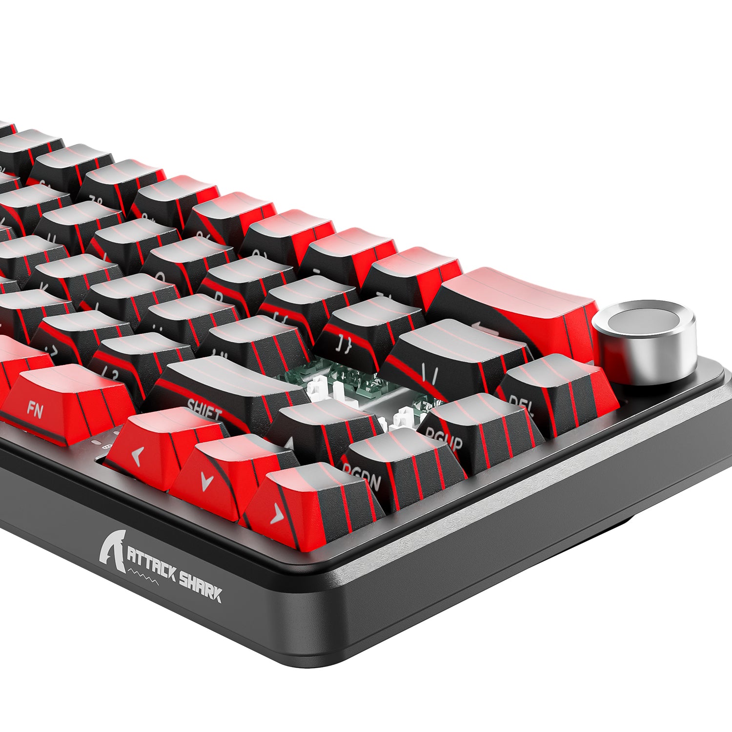 ATTACK SHARK X65PRO HE keyboard detail: Red keycaps and metal wheel