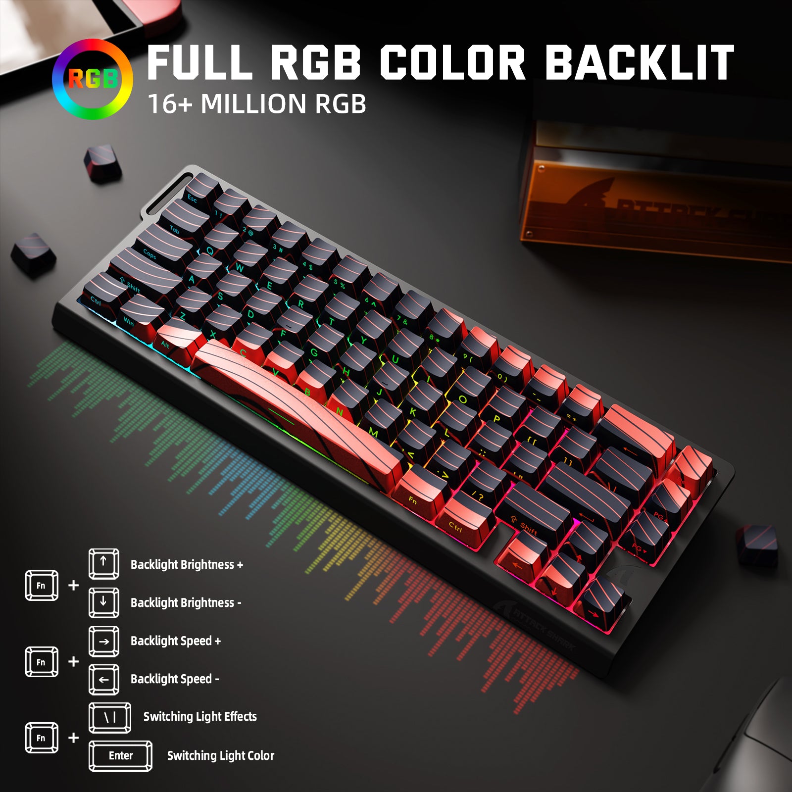 ATTACK SHARK X68PRO HE RGB keyboard, customizable RGB lighting, black/red keys, for gaming.