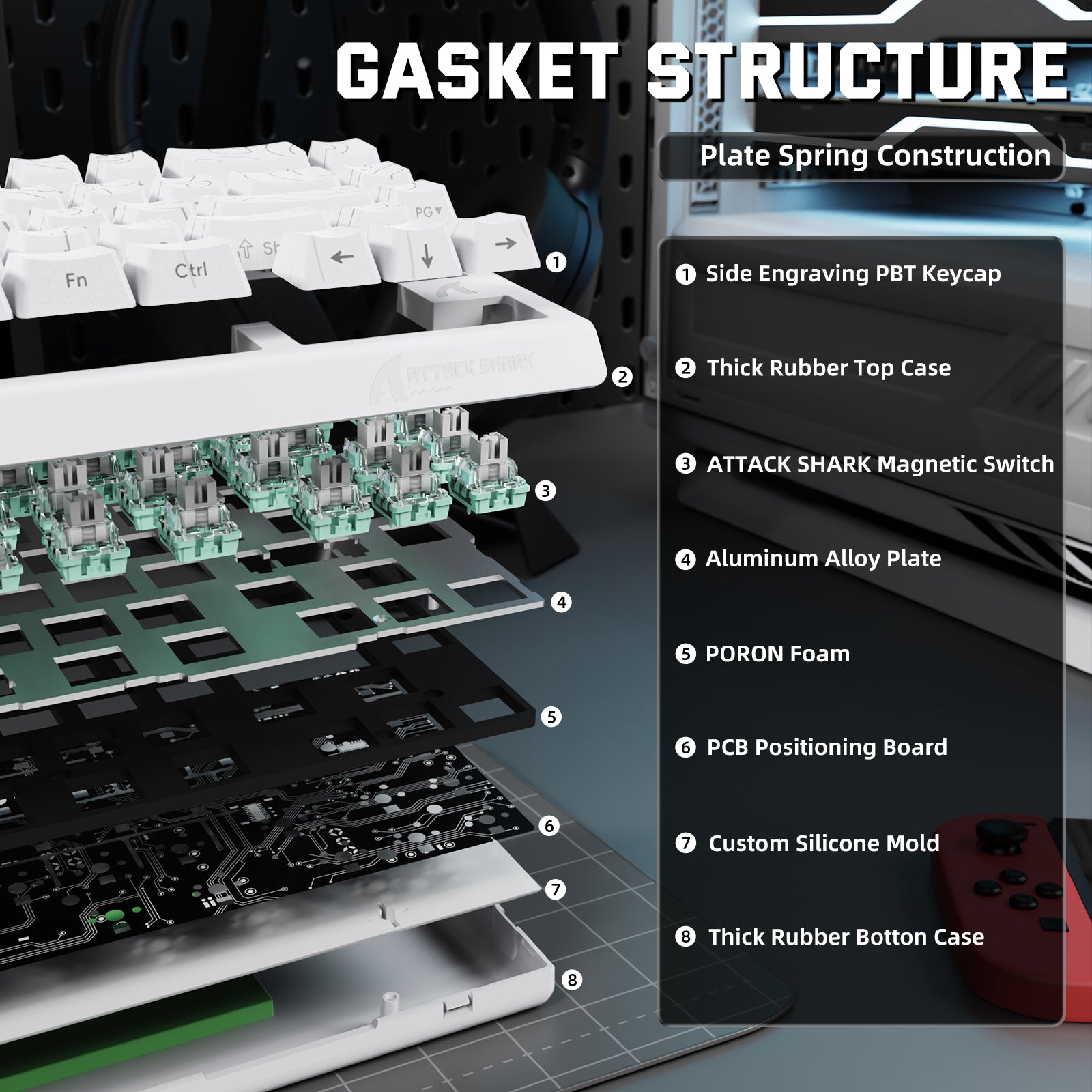 ATTACK SHARK X68PRO HE Gasket Structure Detail, white keyboard with side-engraved PBT keycaps and magnetic switches