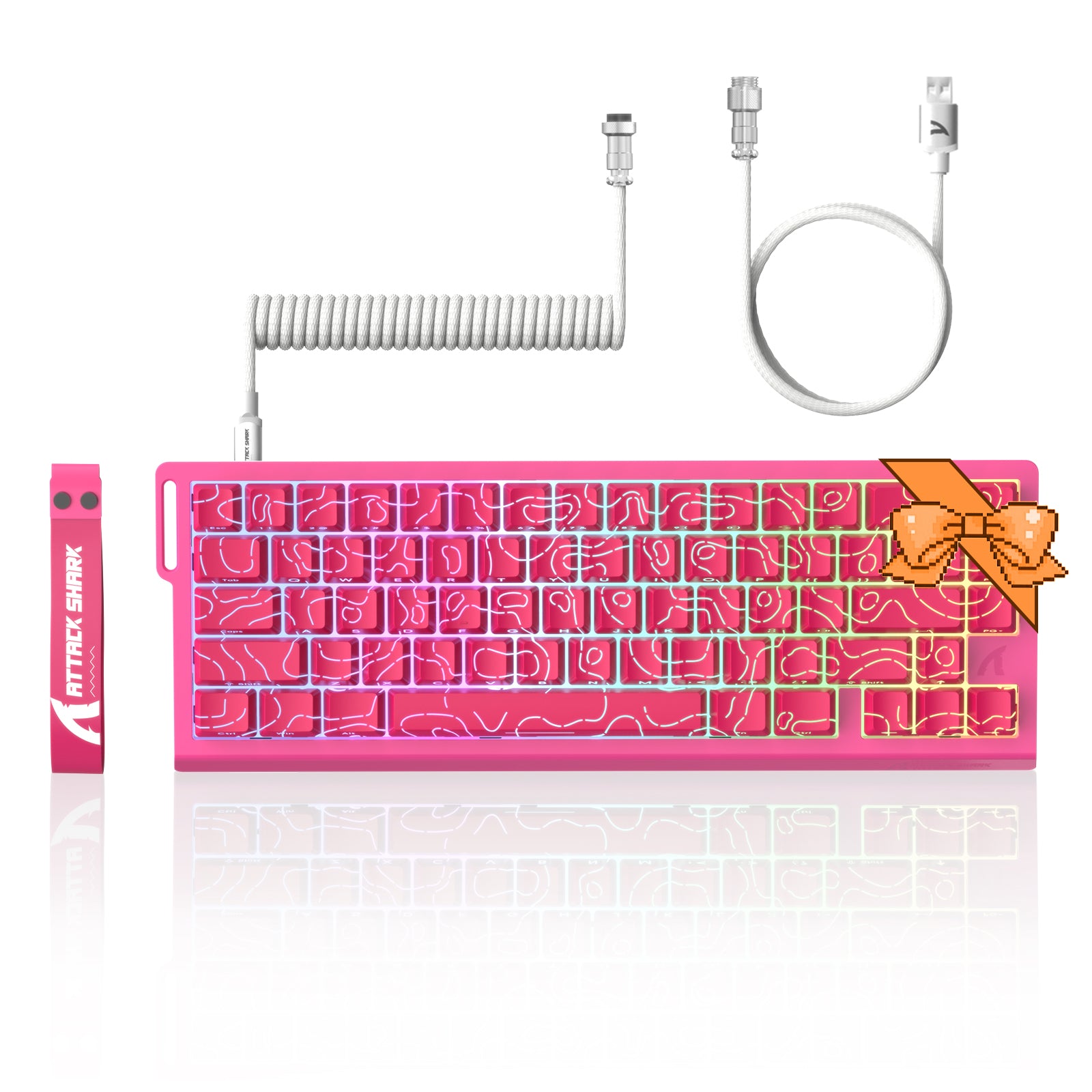 ATTACK SHARK X68 HE pink gaming keyboard with RGB lighting, coiled cable, and features
