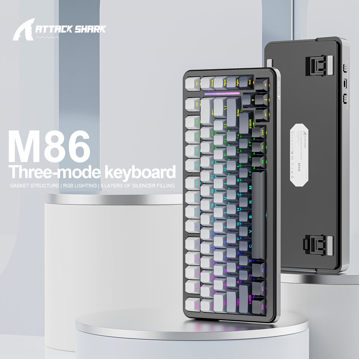 ATTACK SHARK M86 Tri-mode keyboard with RGB, gasket structure, and black/white keycaps