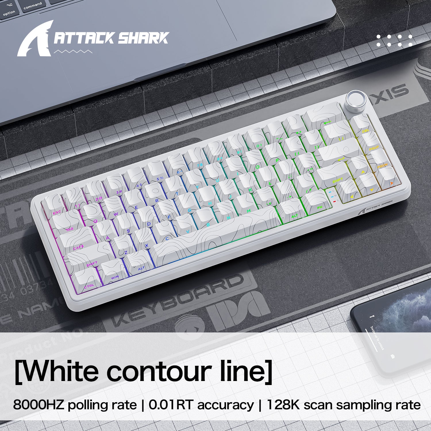 ATTACK SHARK X65PRO HE white gaming keyboard with contour line design, 8000Hz polling rate, and 0.01RT accuracy.