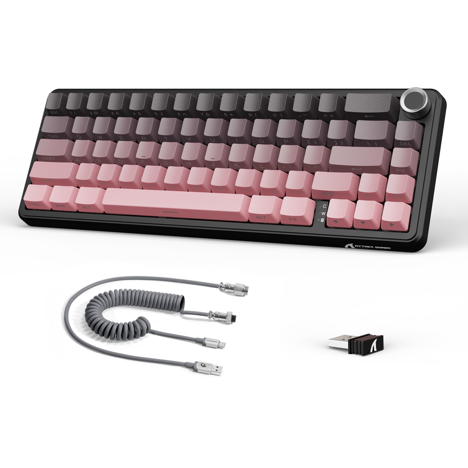 ATTACK SHARK X66 wireless mechanical keyboard with pink and gray keycaps, coiled cable, and 2.4G receiver