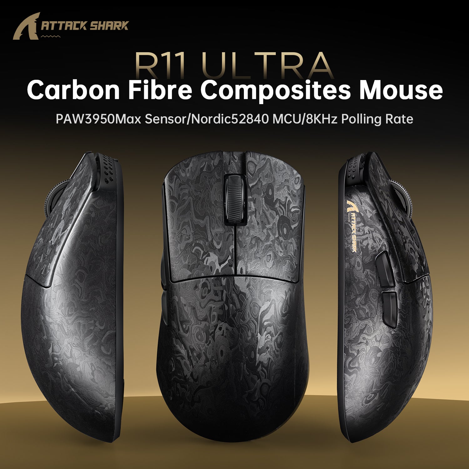 ATTACK SHARK R11 ULTRA Carbon Fiber Wireless 8K PAW3950MAX Gaming Mouse with C06 Ultra LED Cable