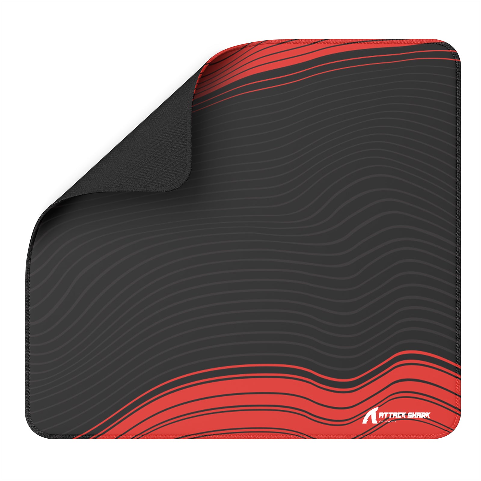 ATTACK SHARK CM02 esports gaming mousepad with red and black design, wave pattern, stitched edges, and non-slip base.