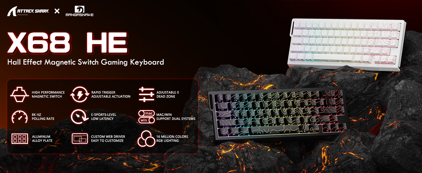 ATTACK SHARK X68 HE Rapid Trigger Keyboard Magnetic Switch with C01PRO Coiled Cable