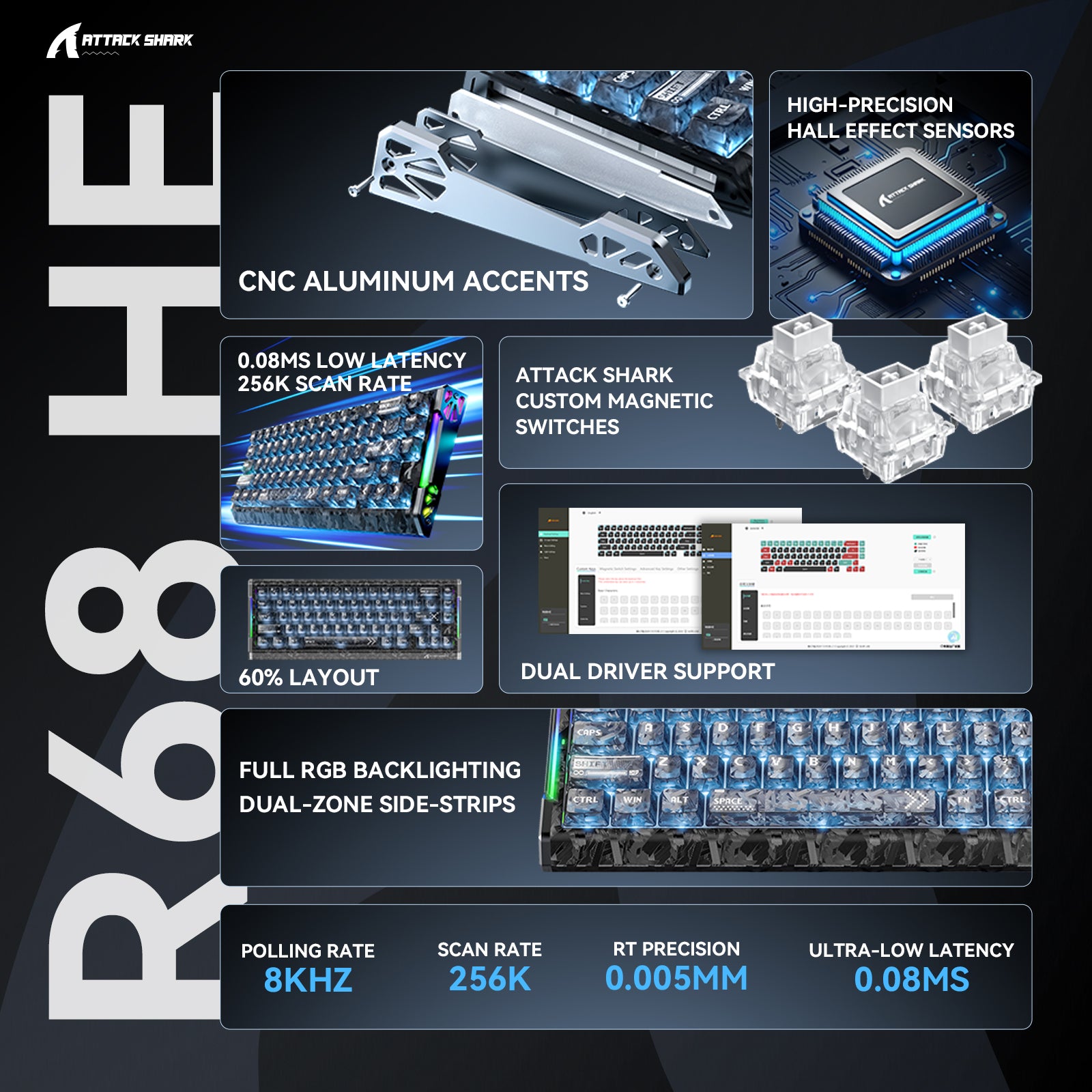 ATTACK SHARK R68 HE Carbon Fiber Rapid Trigger Keyboard with magnetic switches, RGB, 8KHz