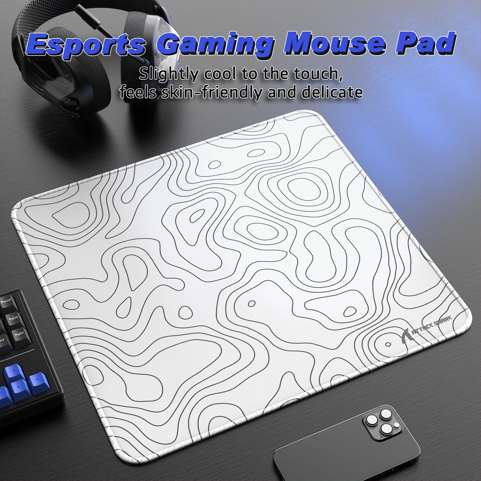 ATTACK SHARK CM02 Esports Gaming Mouse Pad, white and black topographic design, for esports gaming setup, skin-friendly.