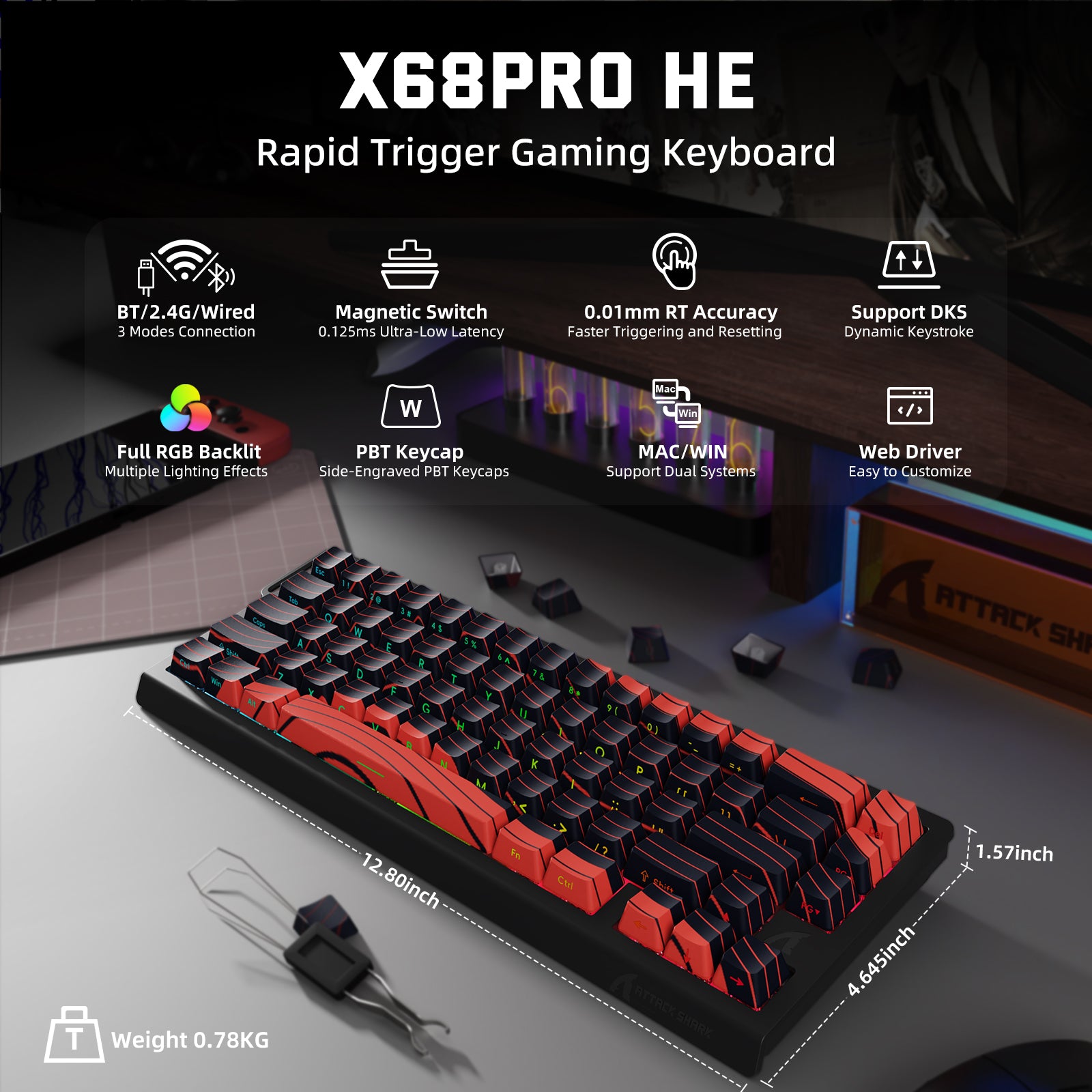 ATTACK SHARK X68PRO HE Rapid Trigger Gaming Keyboard with RGB, magnetic switch, and tri-mode connectivity.