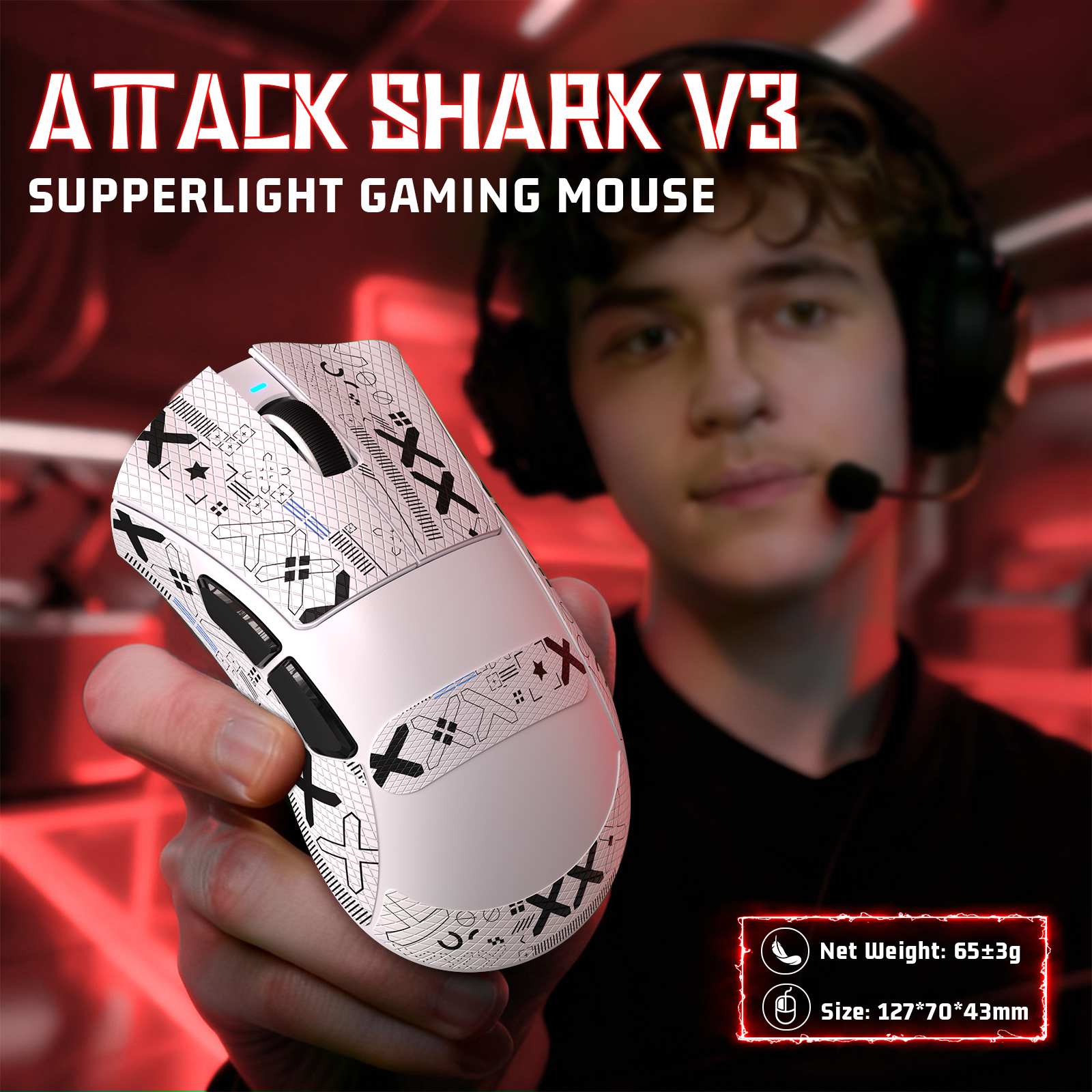 ATTACK SHARK V3 ultra-light gaming mouse with unique white and black geometric pattern, 65g weight