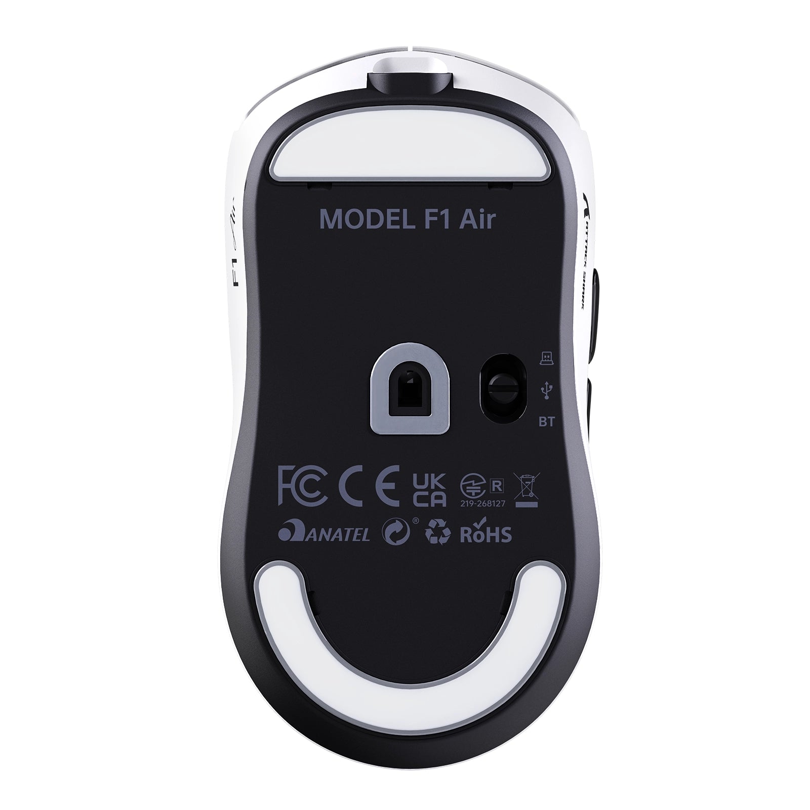 ATTACK SHARK F1 Air wireless gaming mouse underside, black and white shell with mode switch
