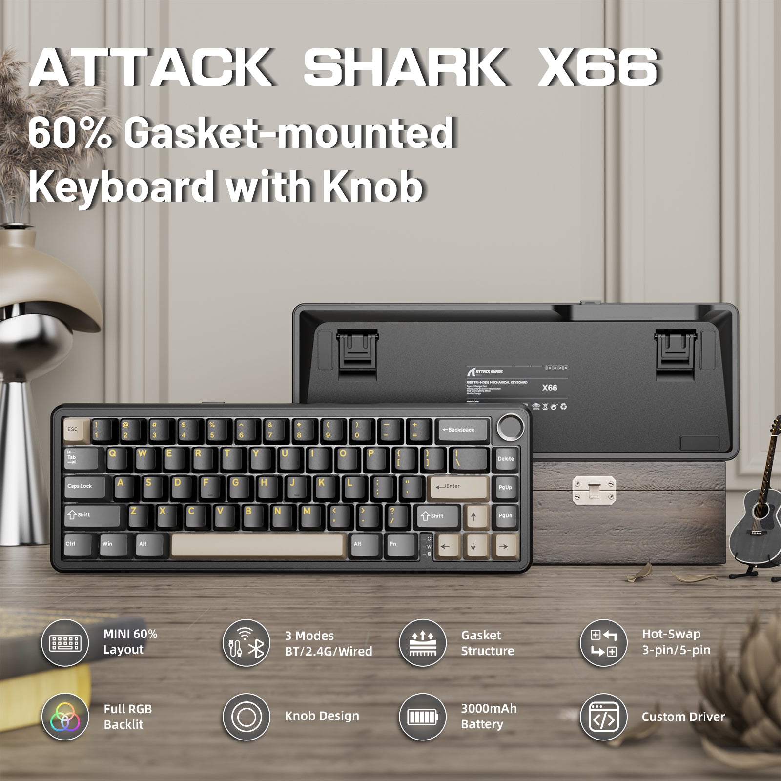 ATTACK SHARK X66 60% keyboard with knob and features