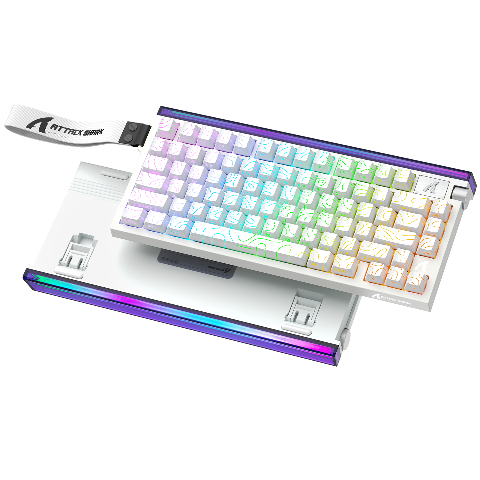 ATTACK SHARK R85 HE keyboard with magnetic switches, custom RGB lighting, and white keycaps featuring abstract designs.