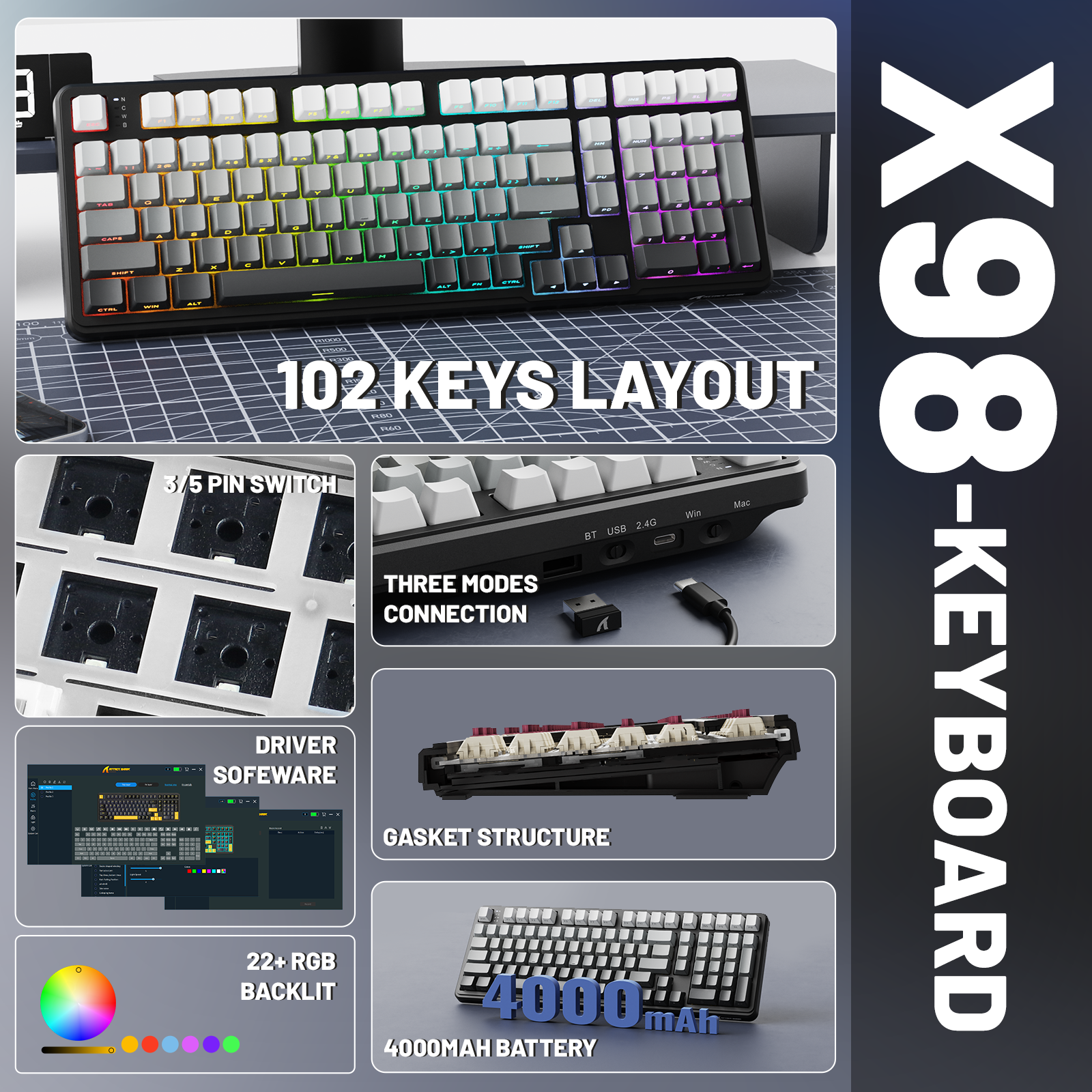 ATTACK SHARK X98 Keyboard Features: 102 Keys, RGB, and 4000mAh Battery