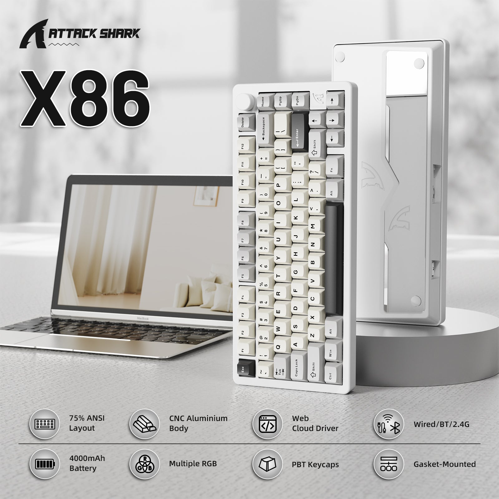 ATTACK SHARK X86 mechanical keyboard with CNC aluminum body, PBT keycaps, and multi-mode connectivity