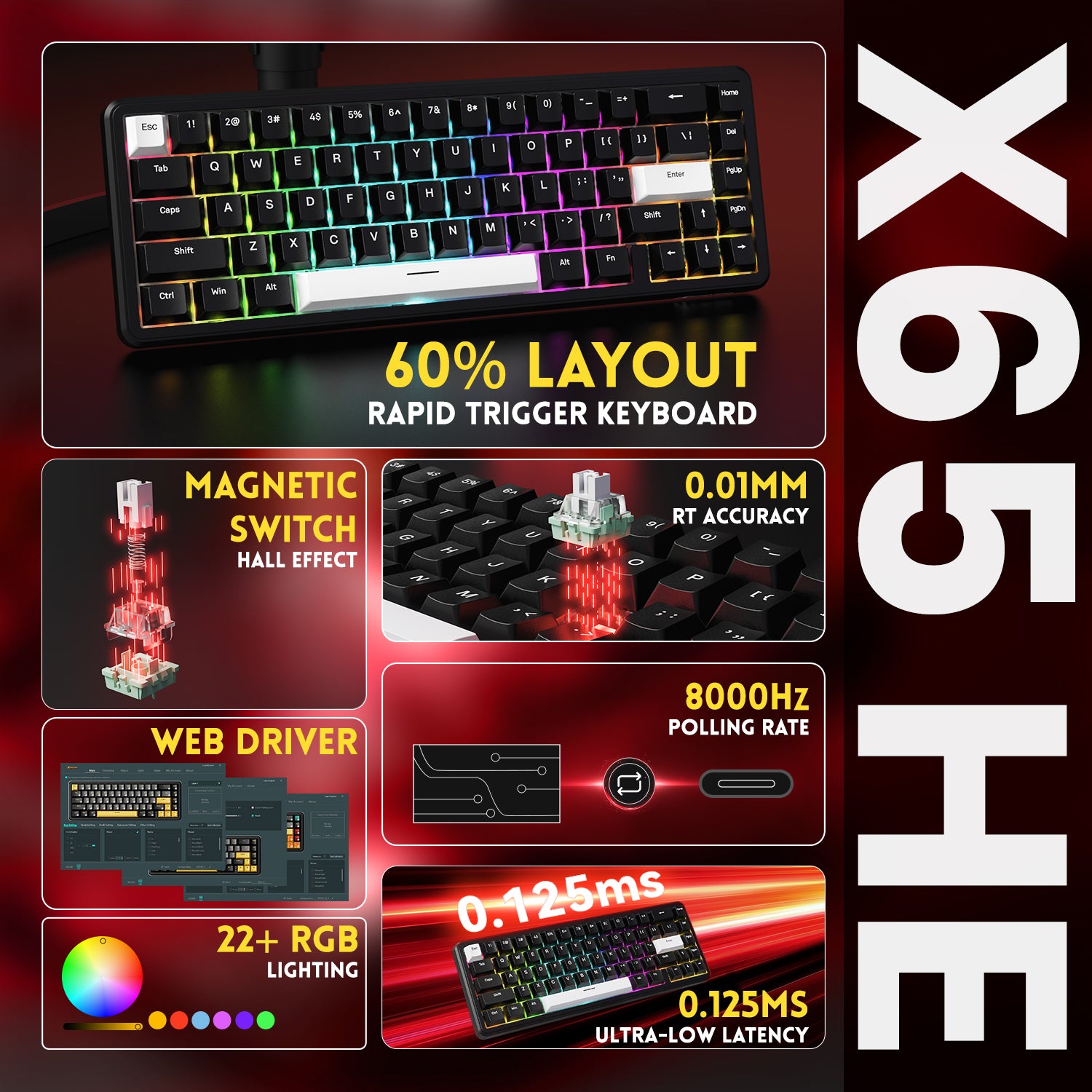 ATTACK SHARK X65 HE 60% Rapid Trigger Keyboard, 0.125ms Low Latency, RGB Lighting, 8000Hz Polling Rate, Magnetic Switch