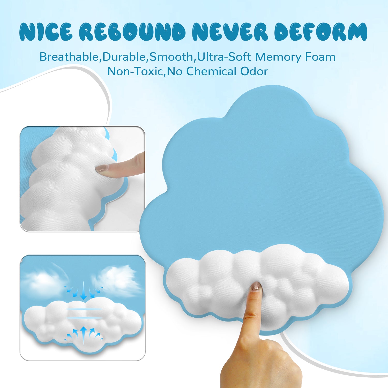 Sky blue cloud mouse pad with soft memory foam, breathable and non-toxic design.