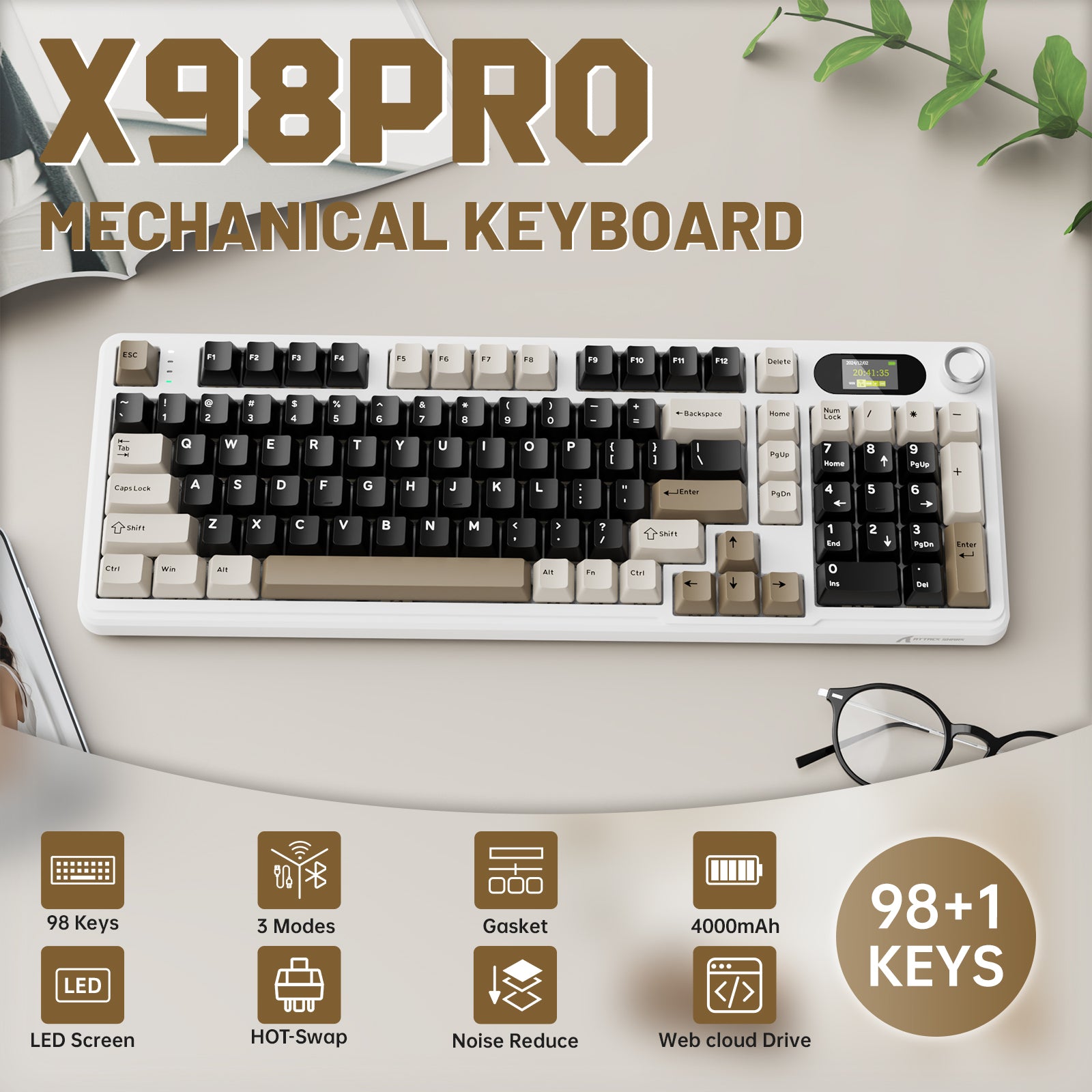 ATTACK SHARK X98PRO mechanical keyboard with LED screen, 98 keys, hot-swappable, and white frame, perfect for gaming.