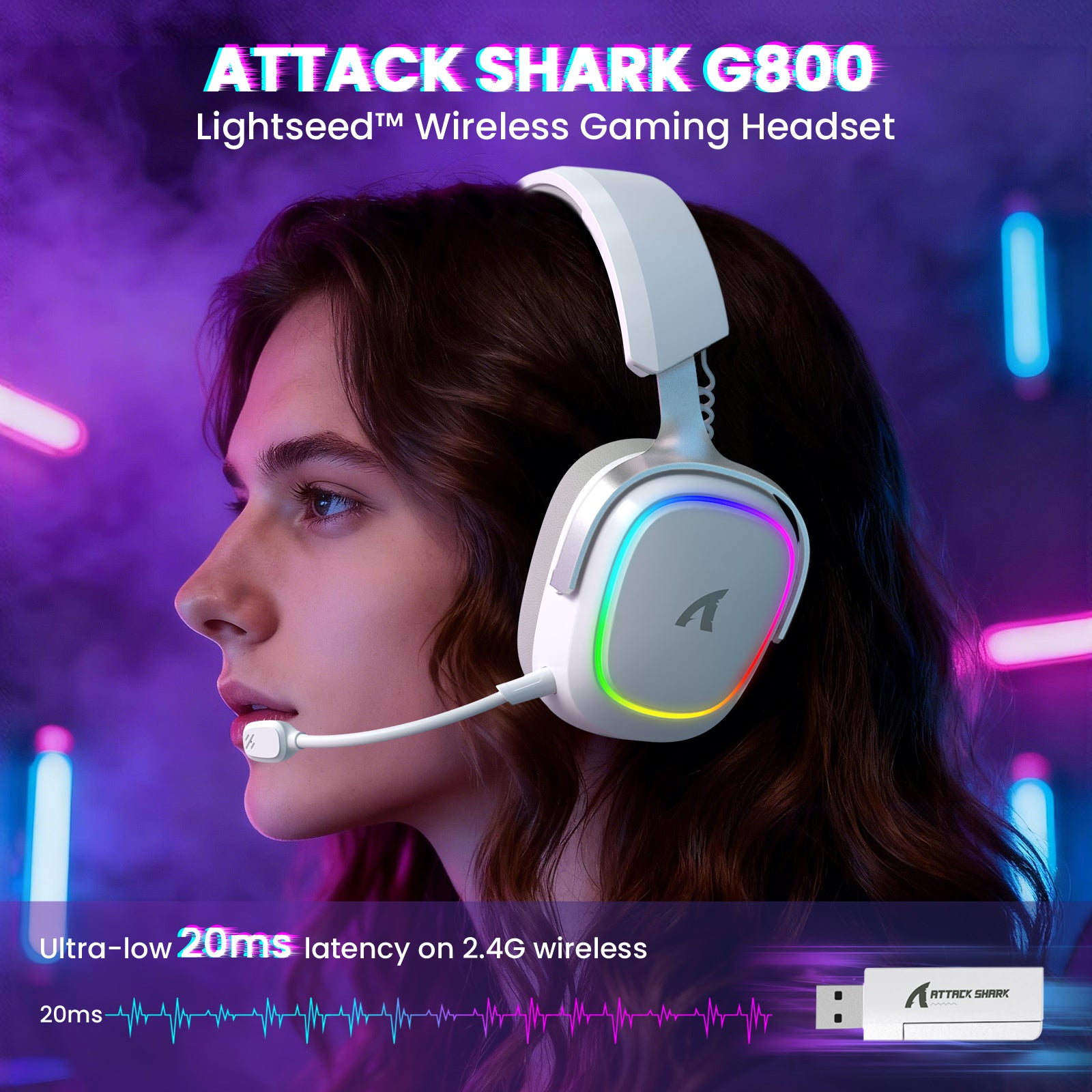 ATTACK SHARK G800 white wireless gaming headset with RGB lighting and detachable mic, 20ms latency