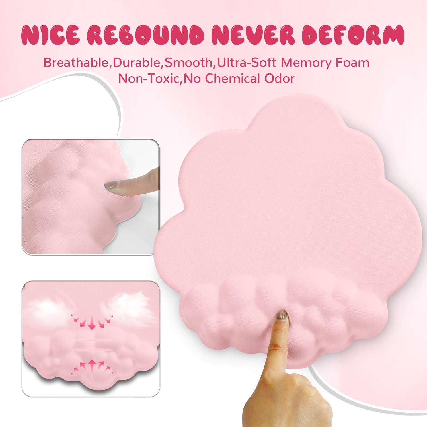 Pink cloud mouse pad highlighting breathable, durable memory foam design with finger pressure test.