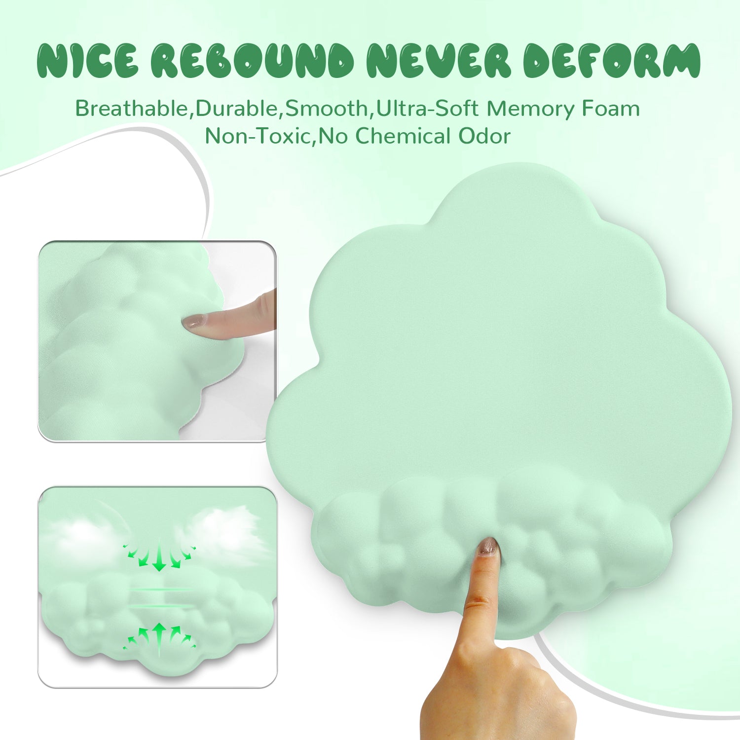 Mint green cloud mouse pad with ultra-soft memory foam and breathable design.