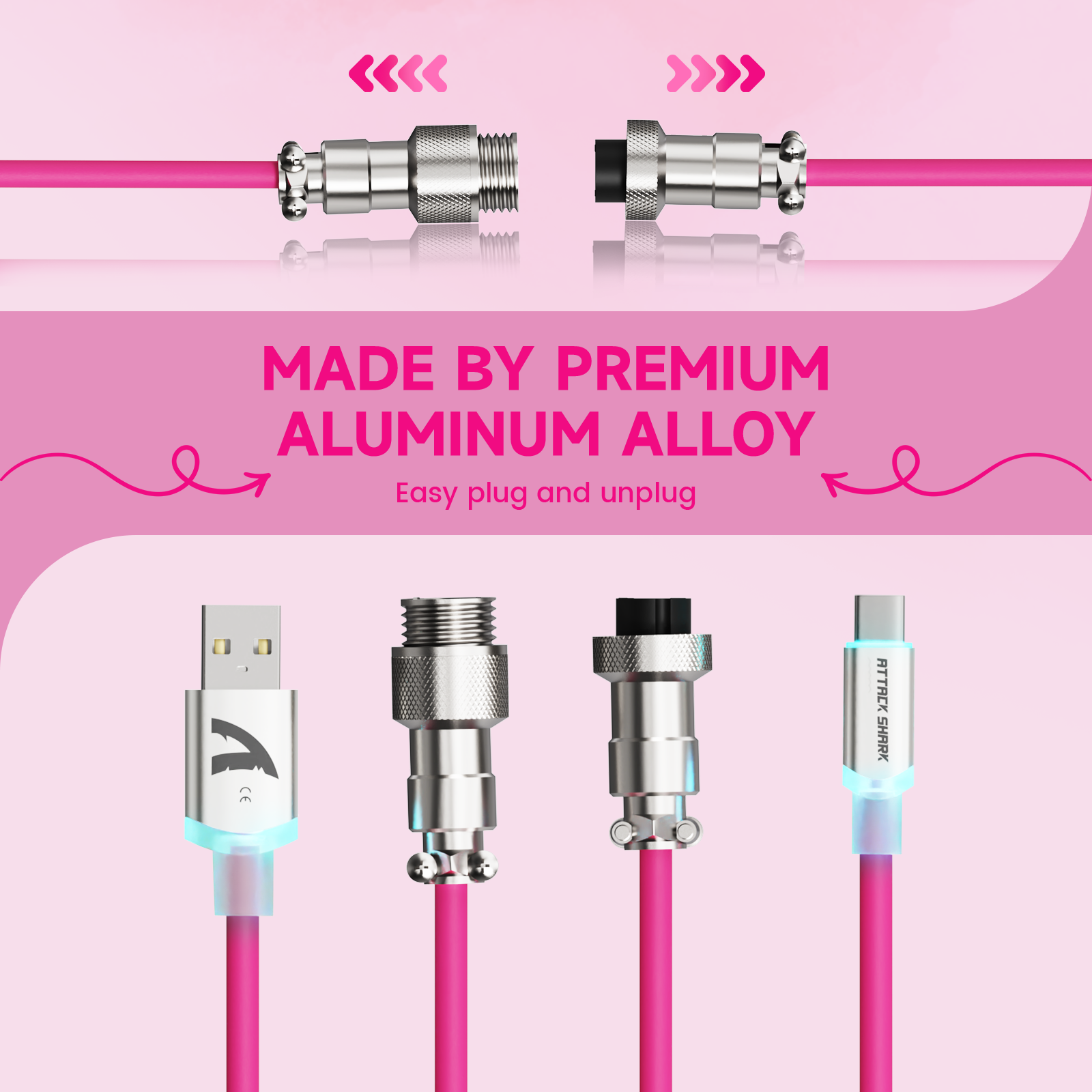 ATTACK SHARK C01 Aviator Cable - Pink, Premium Aluminum Alloy Connectors, USB-C