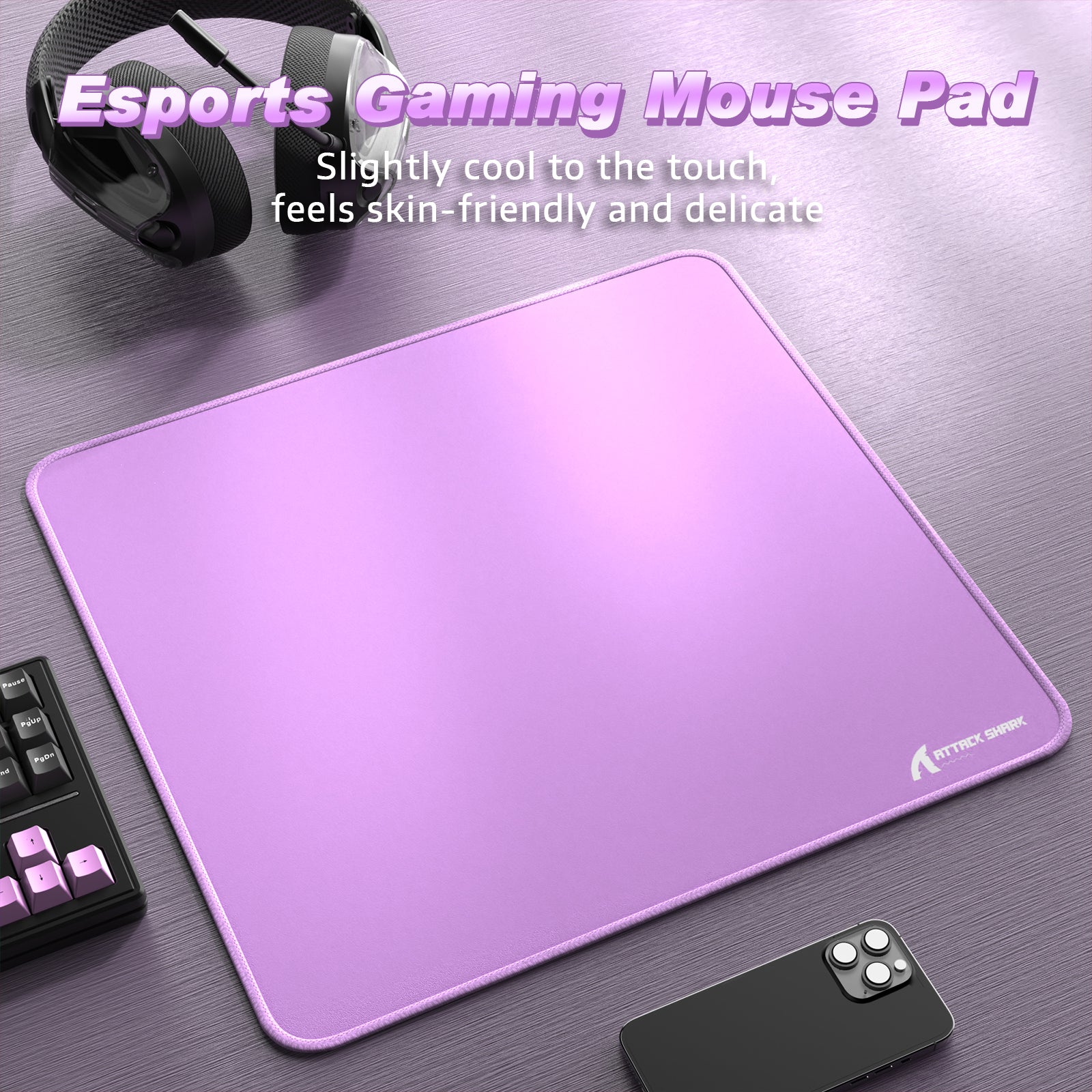 ATTACK SHARK Esports Gaming Mouse Pad in lavender, skin-friendly, with a gaming setup.