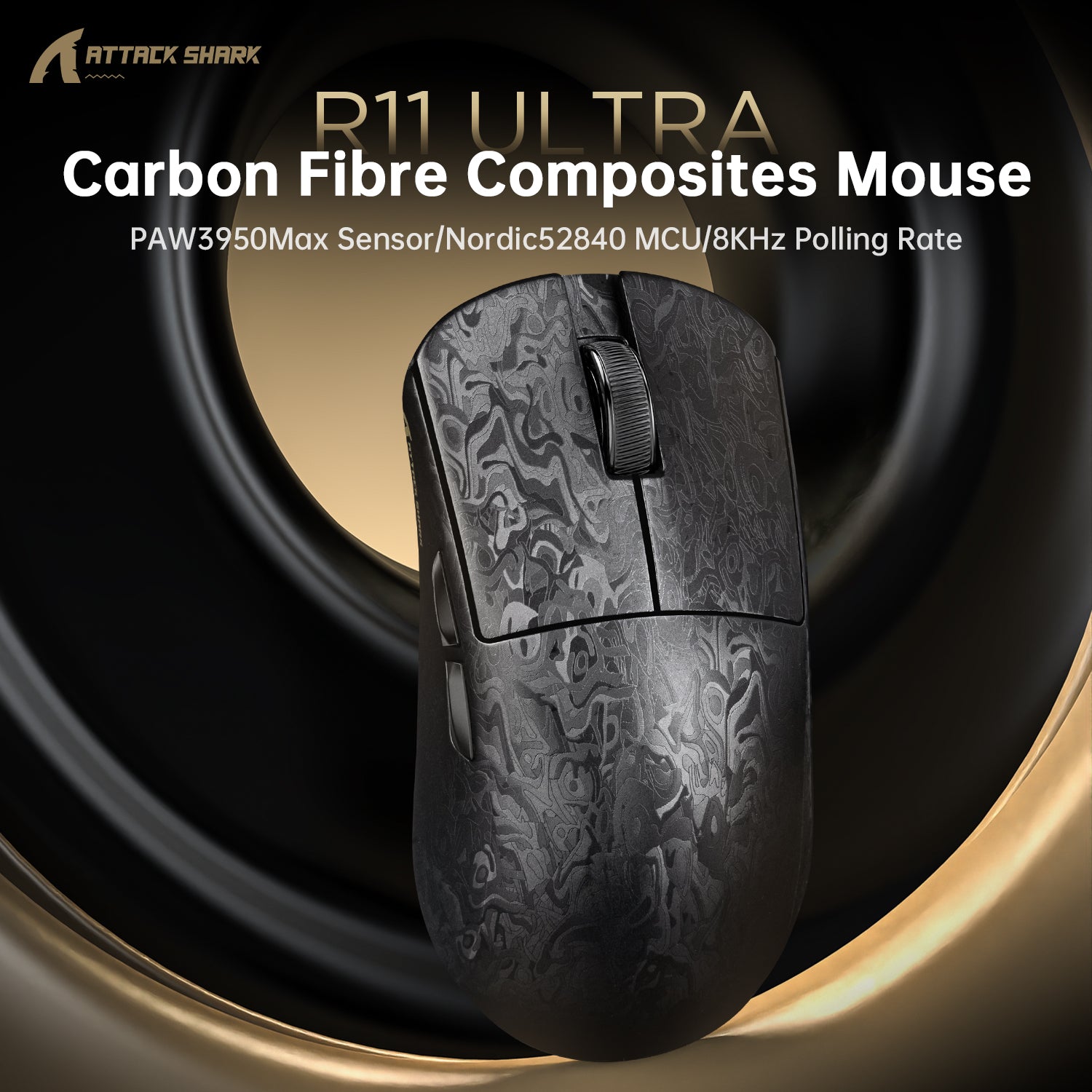 ATTACK SHARK R11 ULTRA Carbon Fiber Wireless 8K PAW3950MAX Gaming Mouse with C06 Ultra LED Cable