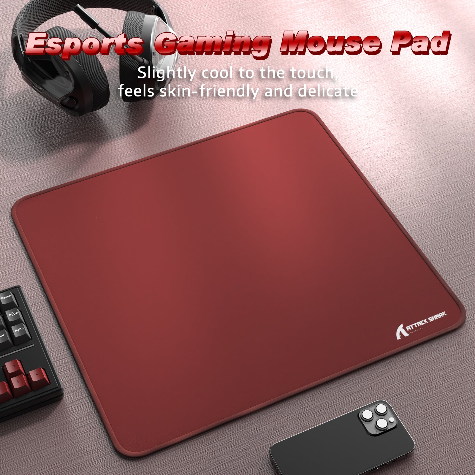 ATTACK SHARK Esports Gaming Mouse Pad in red, skin-friendly surface, gaming setup.