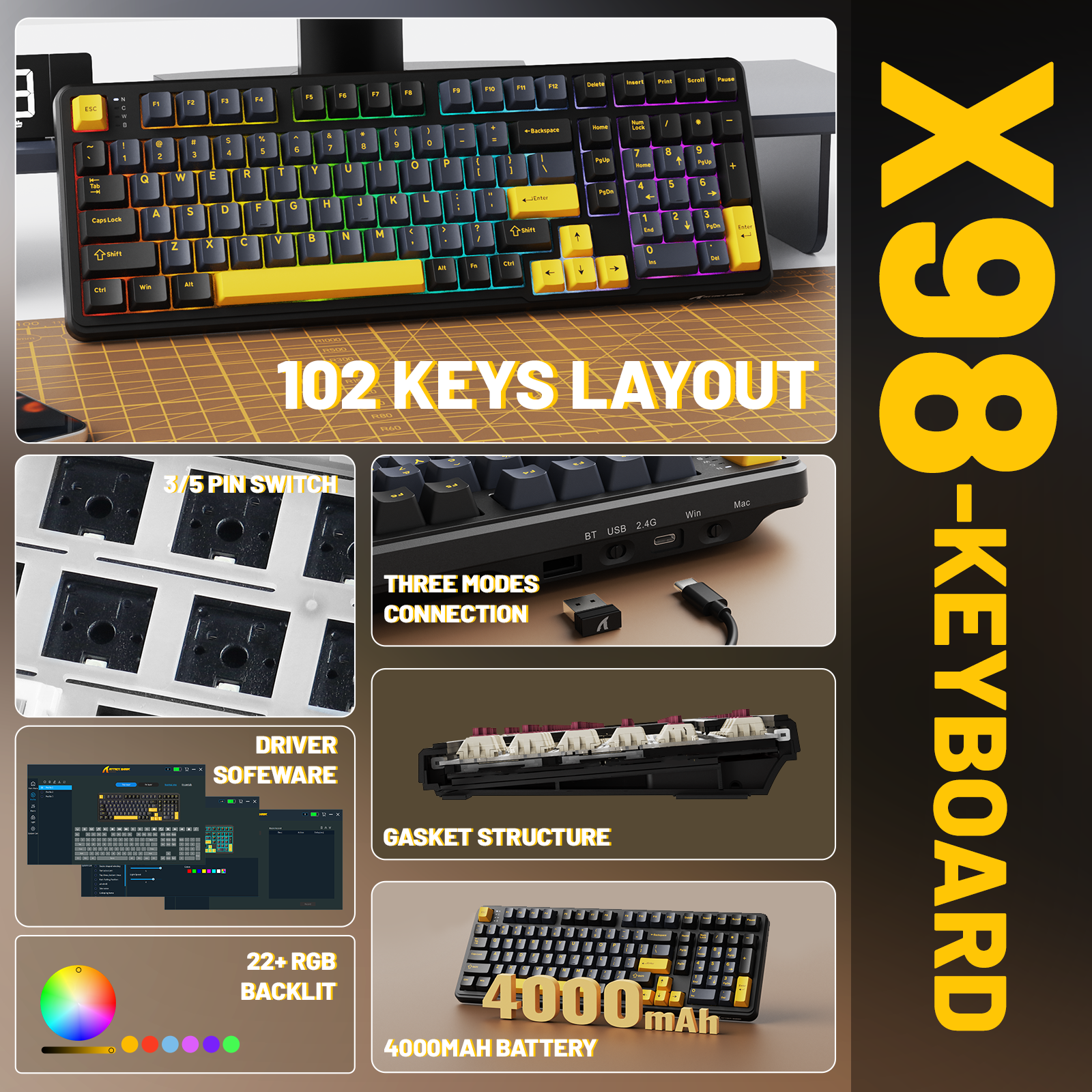 ATTACK SHARK X98 keyboard, showing features like 102 keys, gasket structure, and 4000mAh battery