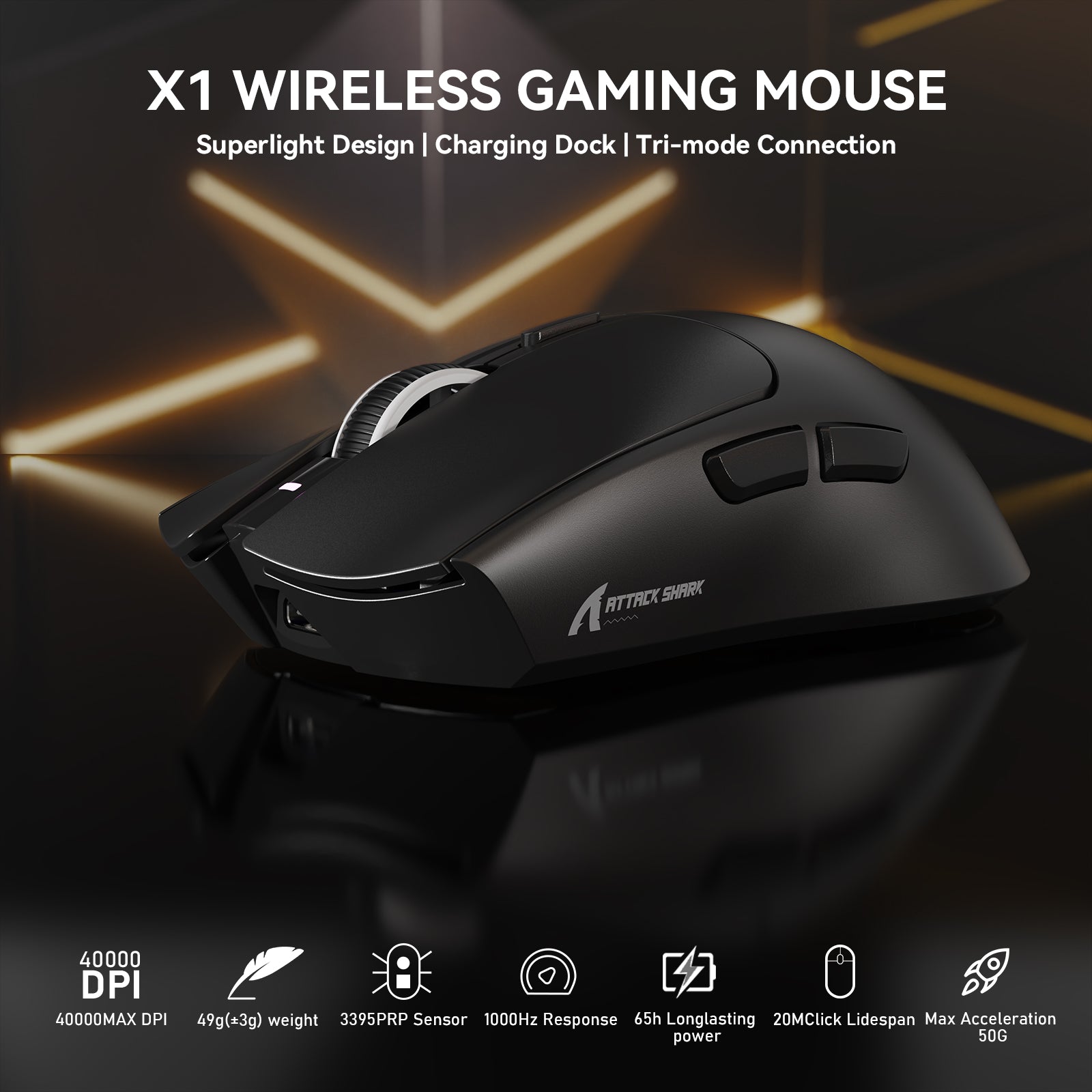 ATTACK SHARK X1 Tri-mode Gaming Mouse with Touchpad RGB Charging Dock PAW3395PRO Sensor