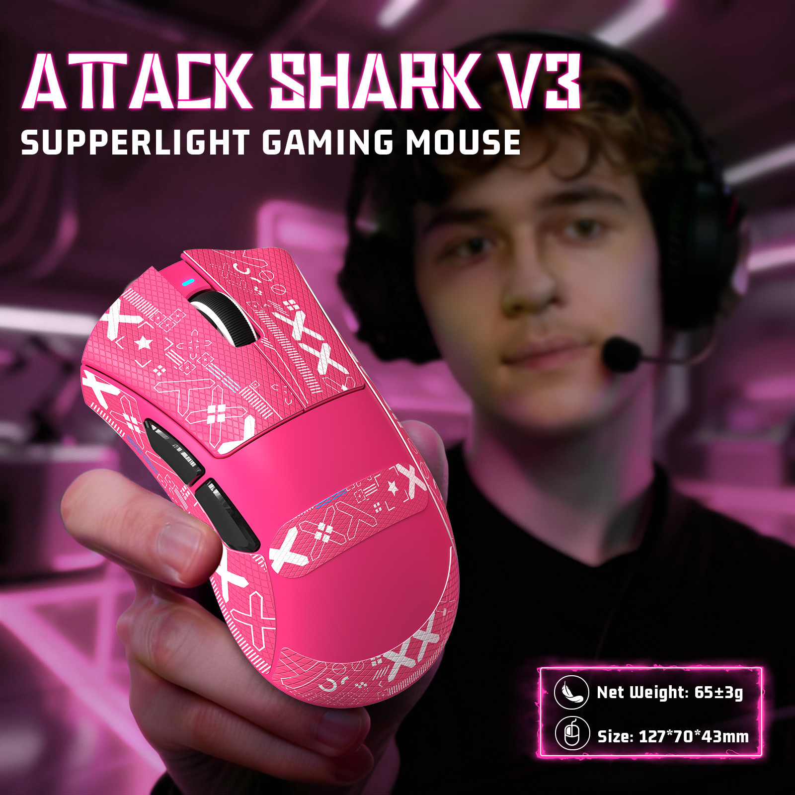 ATTACK SHARK V3 pink ultra-light gaming mouse with white pattern, 65g weight, 127x70x43mm size.