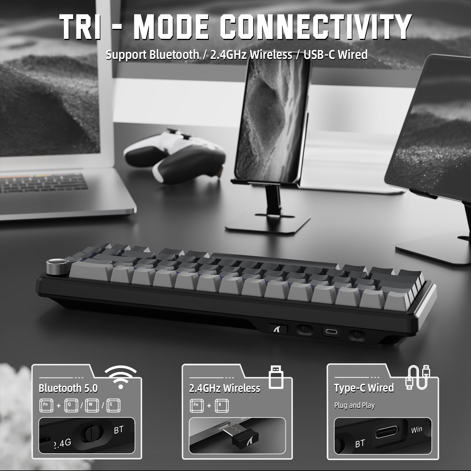 ATTACK SHARK X66 wireless mechanical keyboard showing tri-mode connectivity: Bluetooth, 2.4GHz, and USB-C wired connections.