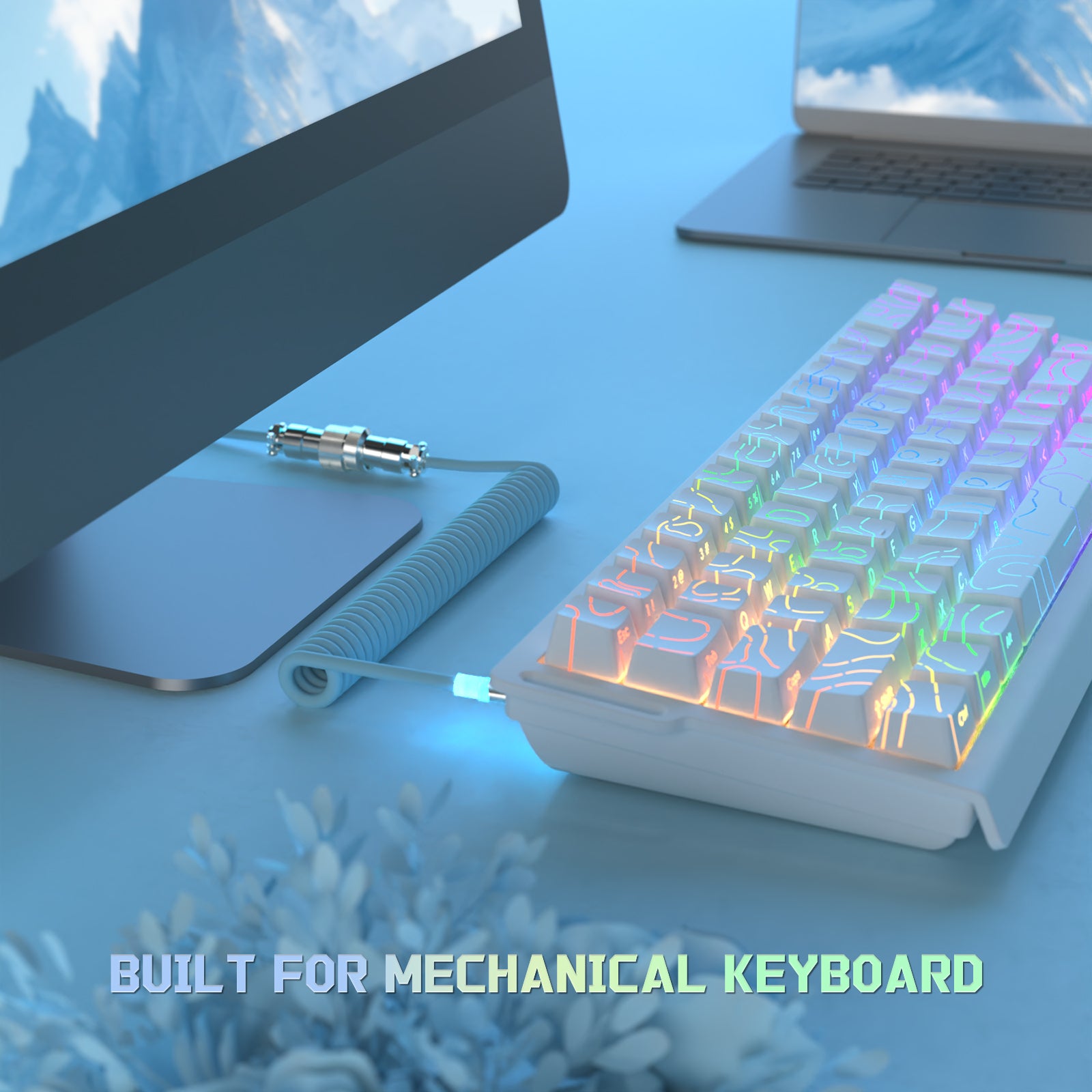 White mechanical keyboard with a white coiled USB-C aviator cable, Built for mechanical keyboard.