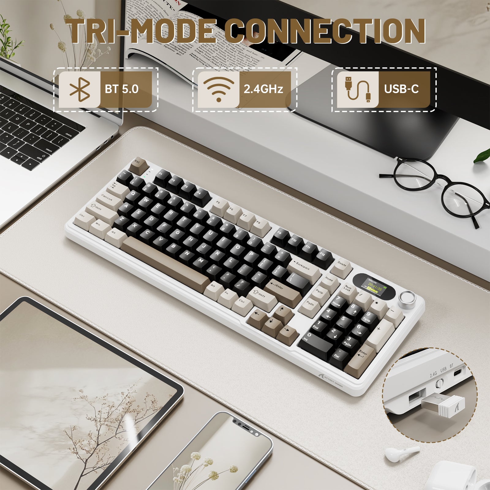 ATTACK SHARK X98PRO wireless keyboard with tri-mode connection (BT 5.0, 2.4GHz, USB-C), white, black, and brown keycaps