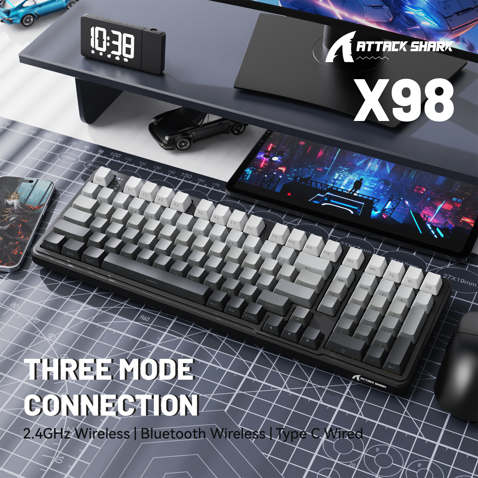 ATTACK SHARK X98 mechanical keyboard, Three Mode Connection, black and white keycaps, RGB lighting, 102 keys