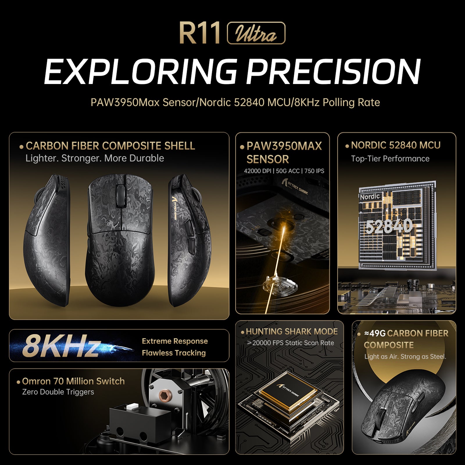 ATTACK SHARK R11 ULTRA Carbon Fiber Wireless 8K PAW3950MAX Gaming Mouse with C06 Ultra LED Cable