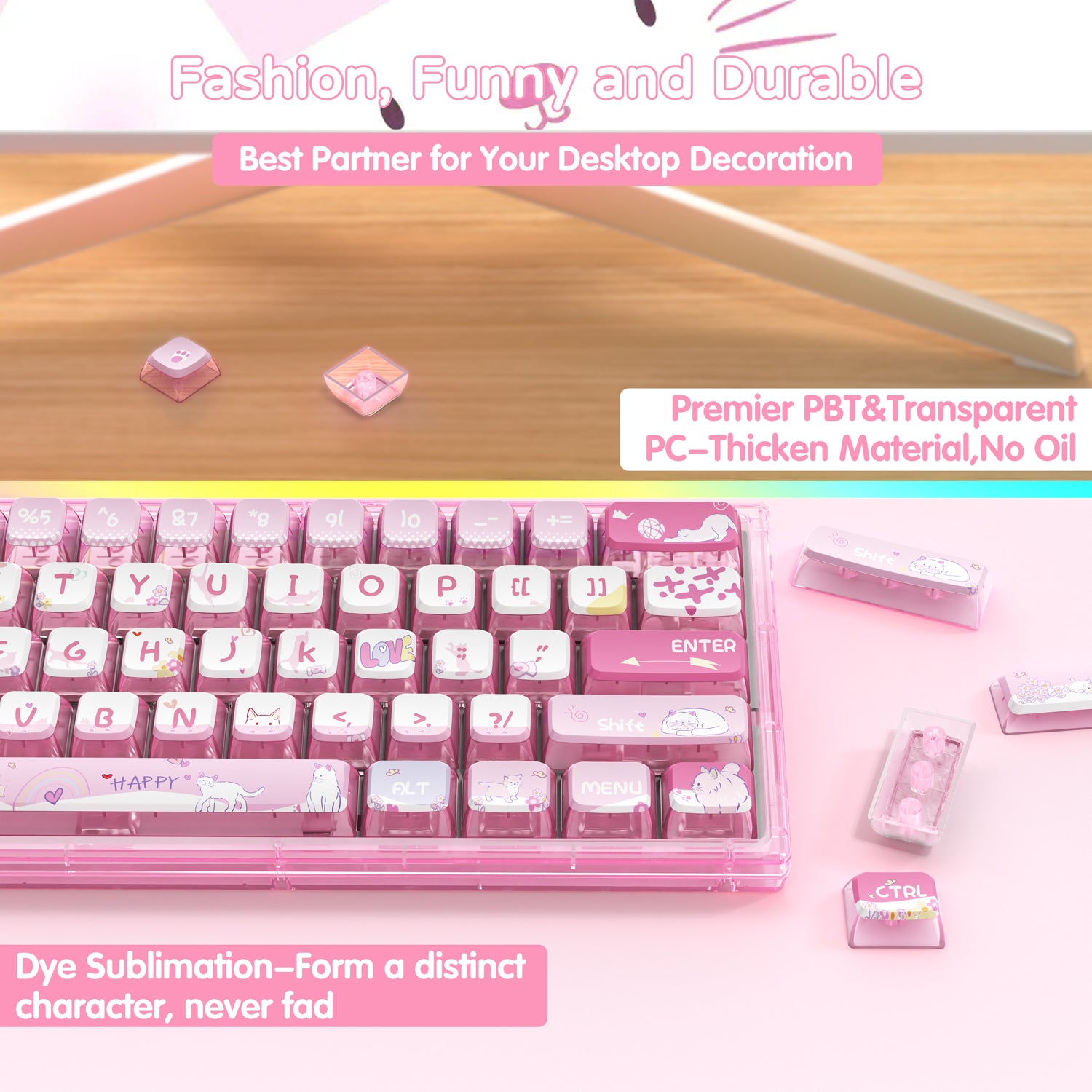 Pink mechanical keyboard with cute cat keycaps, durable PBT and dye-sublimation design.
