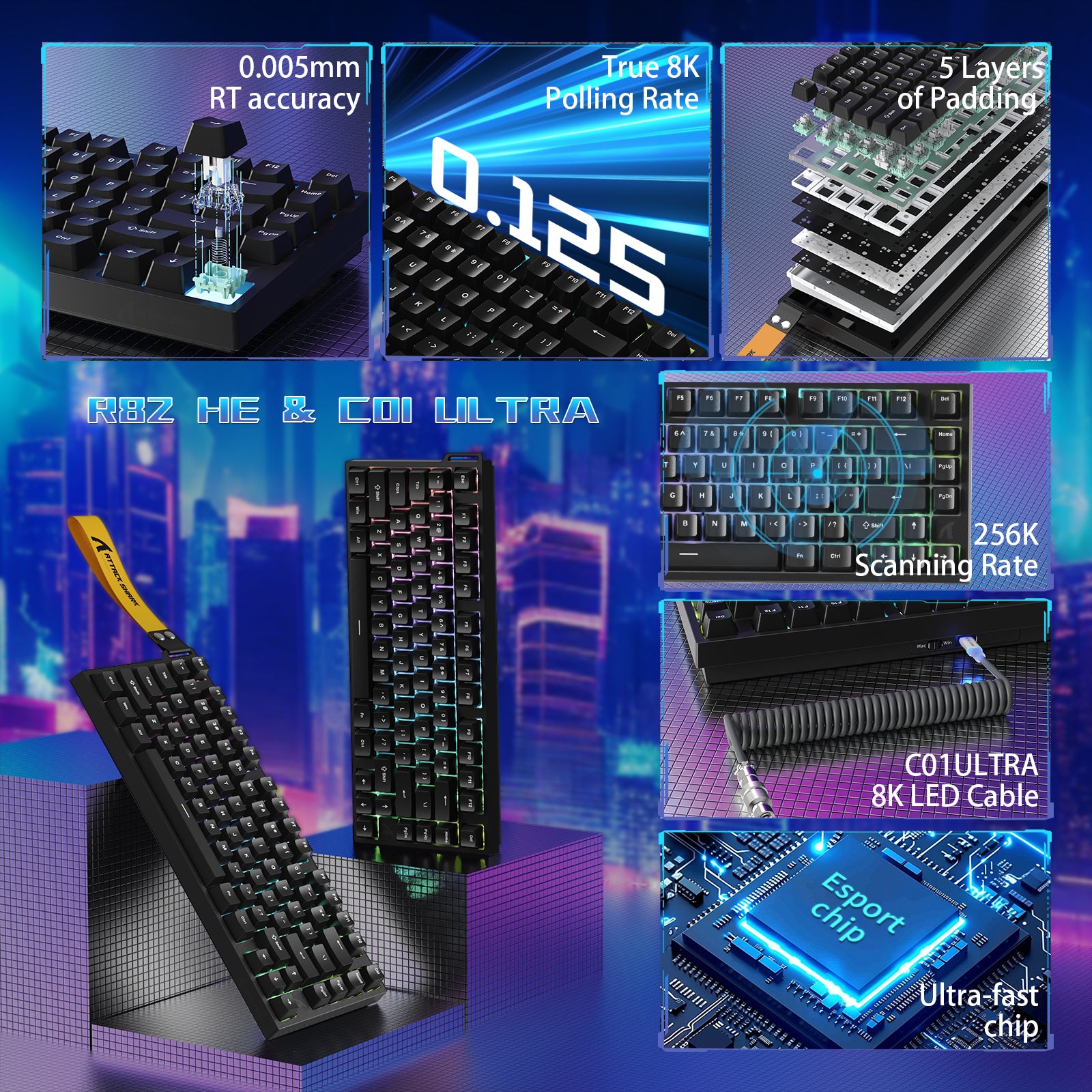 ATTACK SHARK R82 HE Wired 75% Gaming Keyboard with C01ULTRA LED Cable
