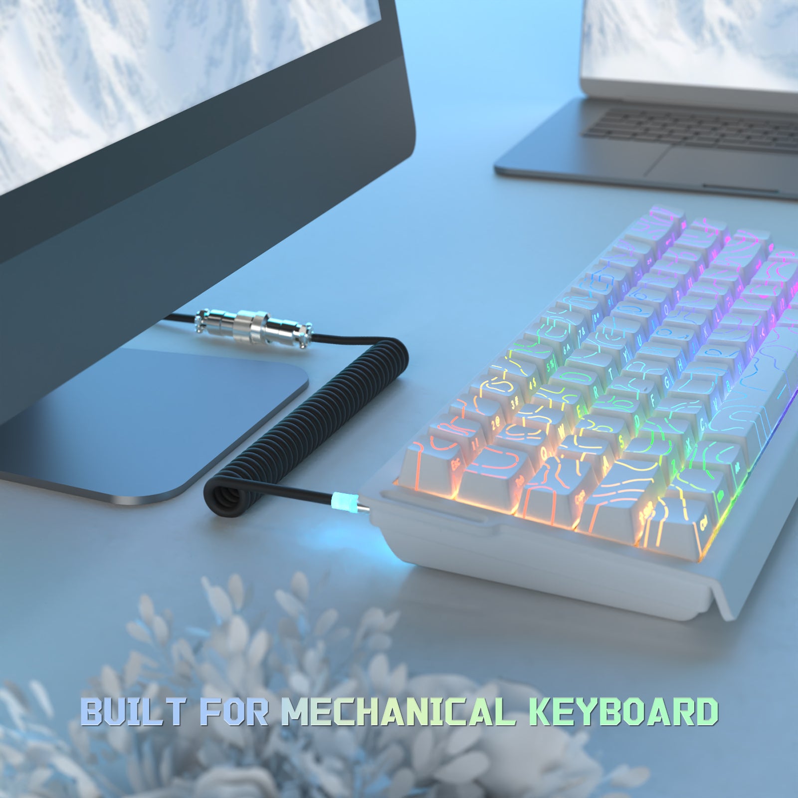 White mechanical keyboard with a black coiled USB-C Aviator Cable, Built for mechanical keyboard