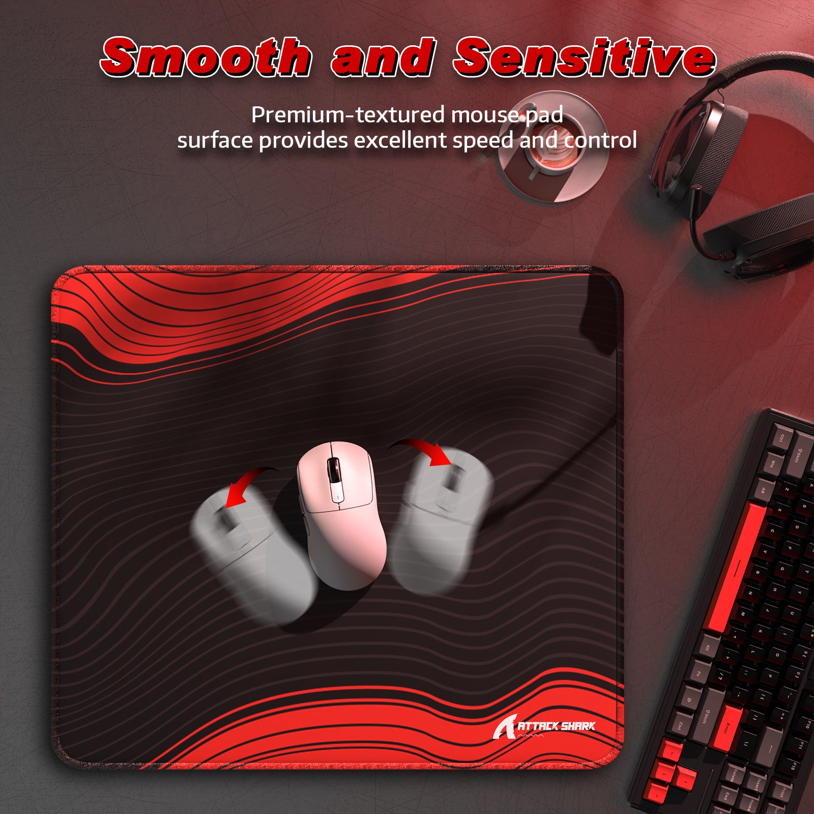 ATTACK SHARK CM02 gaming mousepad, black and red design, smooth surface, for esports, with mouse and keyboard