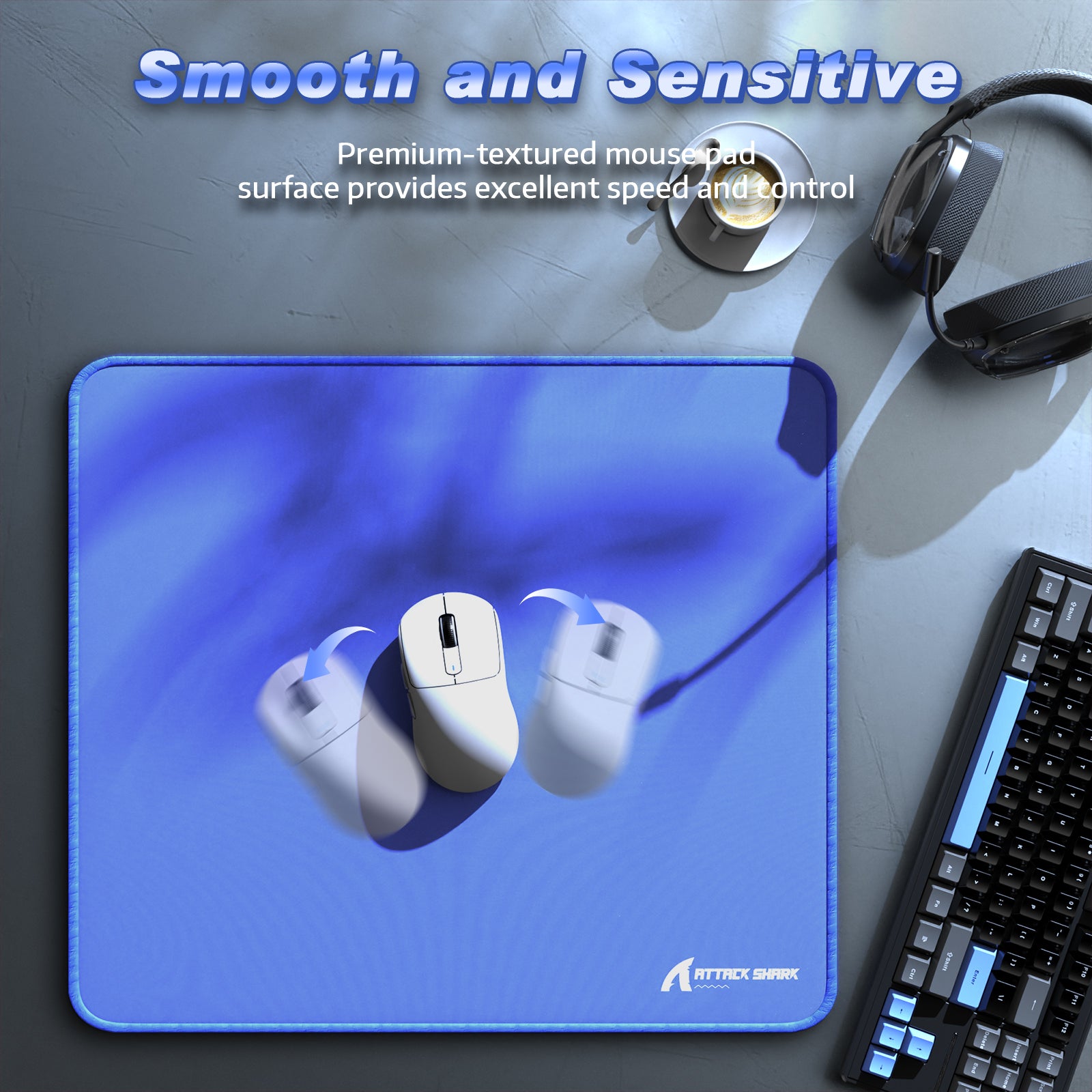ATTACK SHARK CM02 gaming mousepad, blue, smooth and sensitive surface, esports setup with mouse and keyboard.