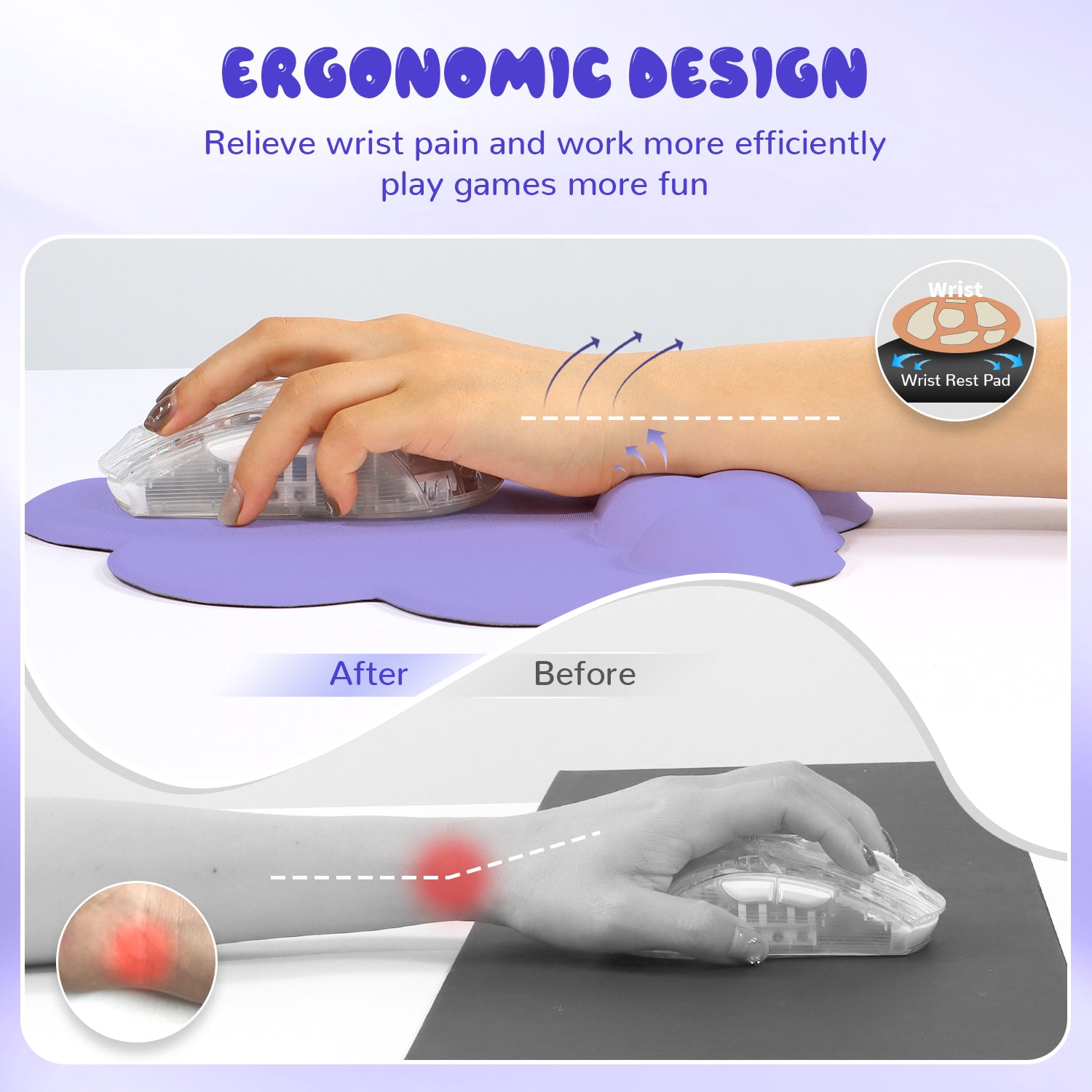 Ergonomic design comparison highlighting wrist pain relief with mouse pad use.