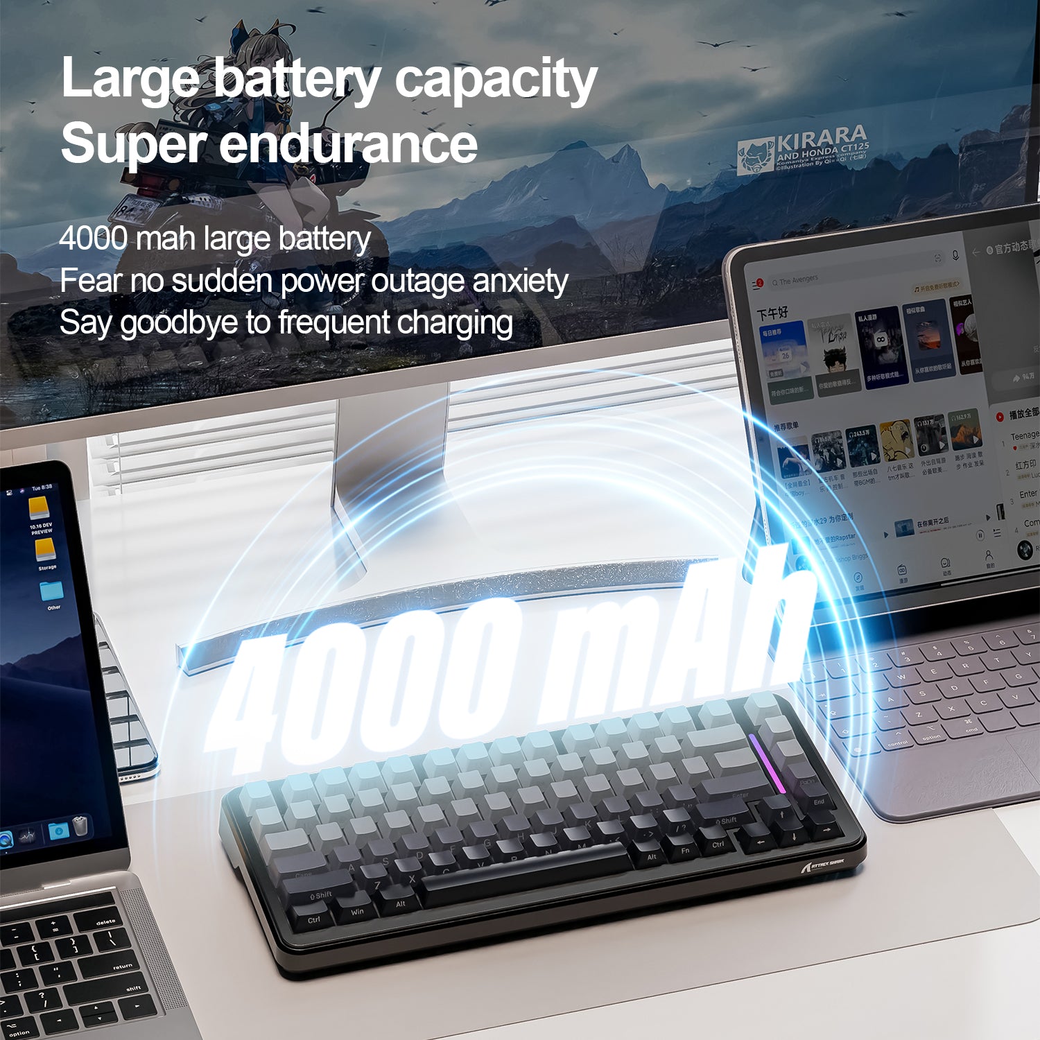 ATTACK SHARK M86 keyboard showing 4000mAh battery, featuring long battery life & RGB lighting, paired with laptop and tablet